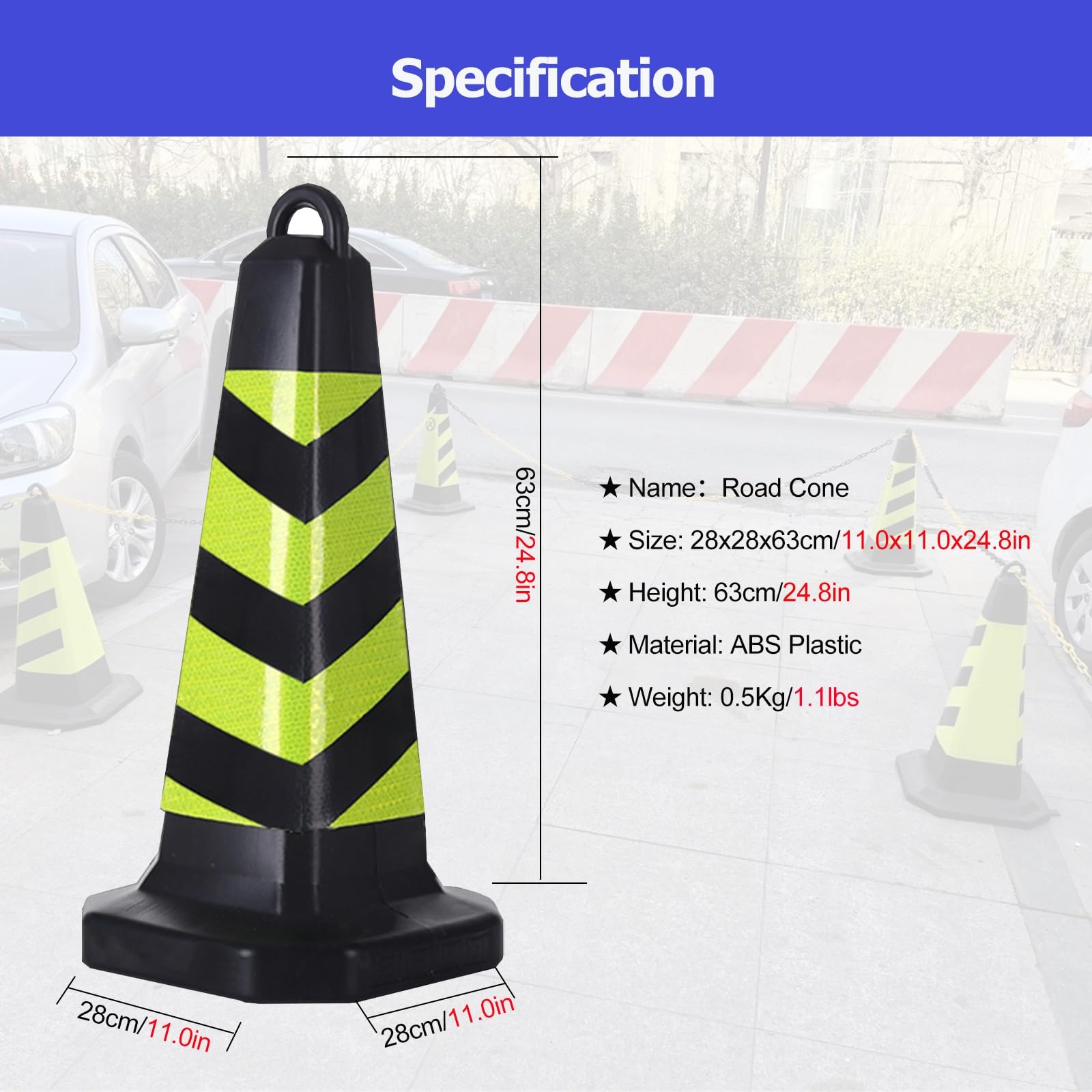 Poteau de stationnement, cônes de signalisation ABS de 63 cm avec poignée et 2 Tubes de Sable - Cônes de sécurité légers avec Film réfléchissant pour parkings, sécurité routière et Chantiers