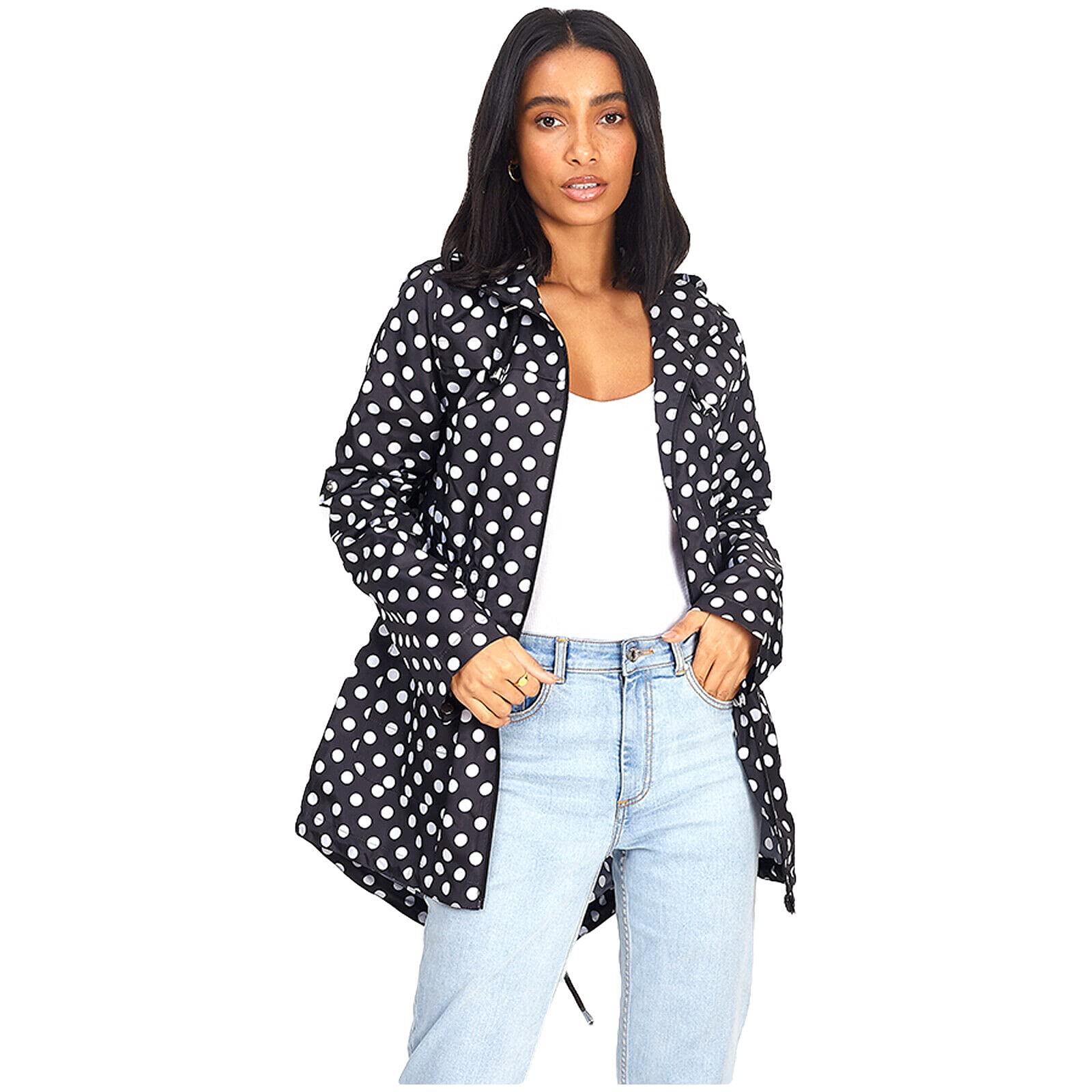 Myshoestore Women's Black / Polka Dots Rain Mac Raincoat Showerproof Fishtail Cagoule Kagool Kagoul Kag Festival Parka Jacket Hooded Lightweight Shower Proof Rain Coat (Polka Dots Black, Uk14)