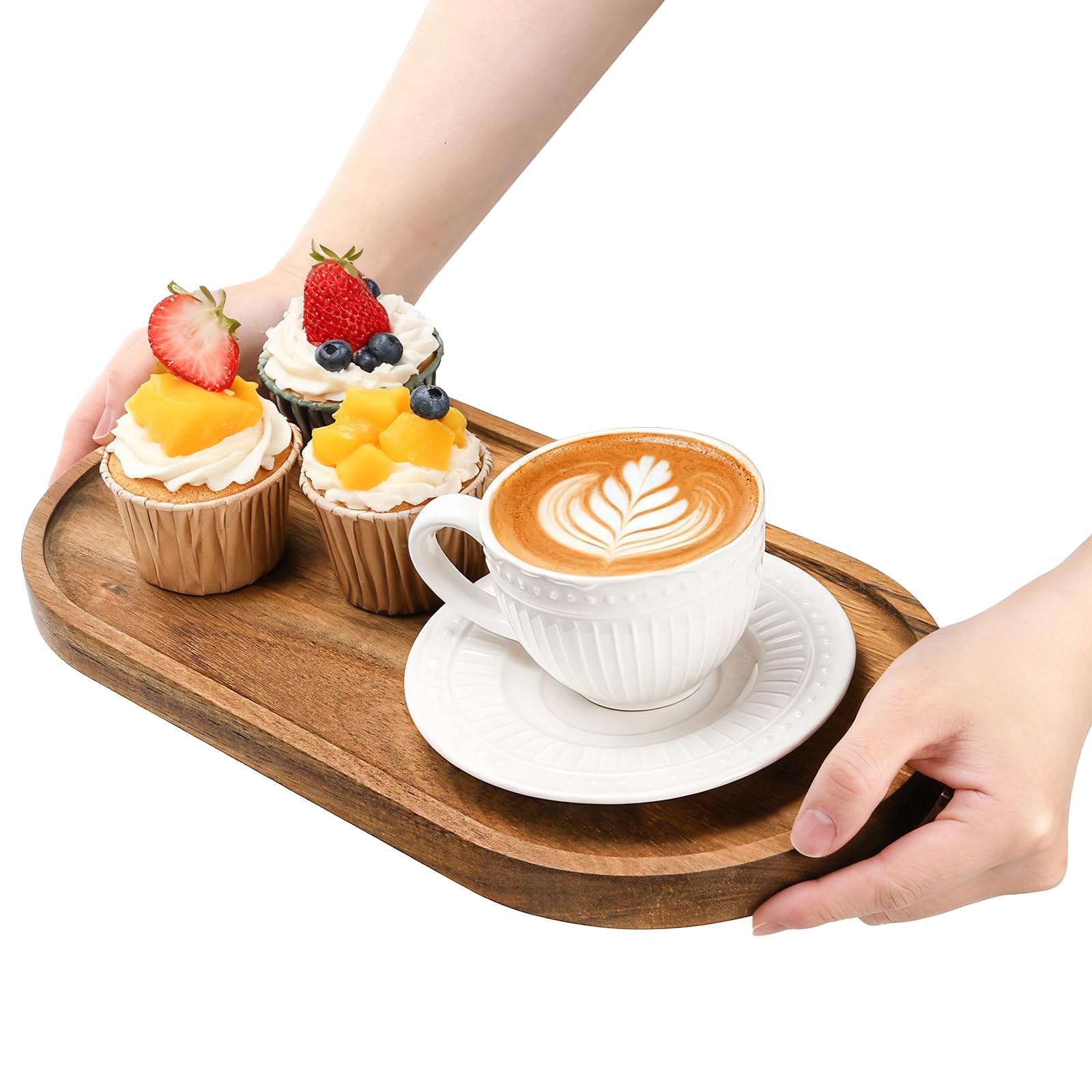 Elsjoy Lot de 2 plateaux de service en bois d'acacia, plateau de service ovale en bois pour la décoration de la maison, fruits, fromage