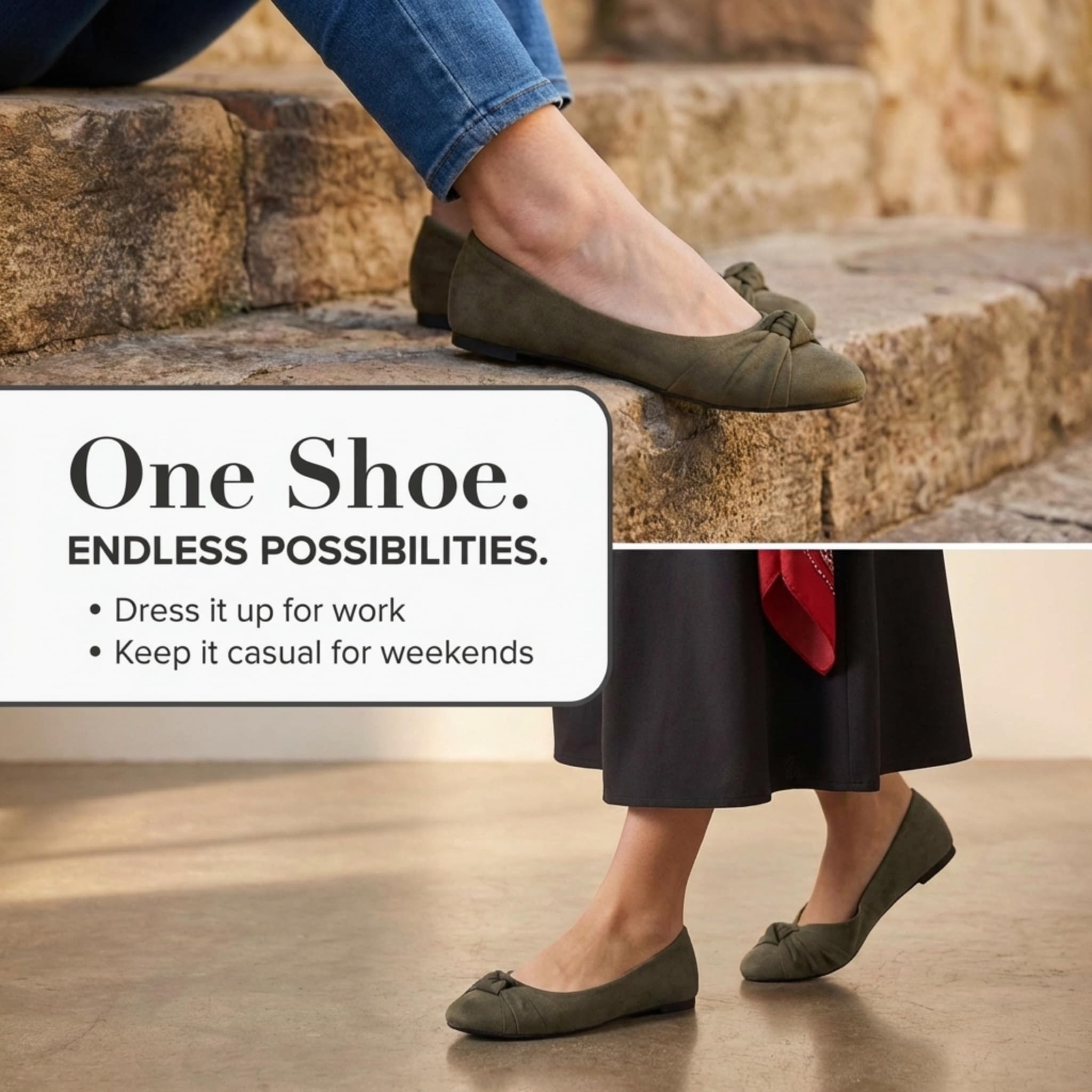 Epic Step Ballet Flats for Women, Comfortable Slip on Faux Suede Round Toe, Ballerina Dressy Flat Shoes (Olive, 9)