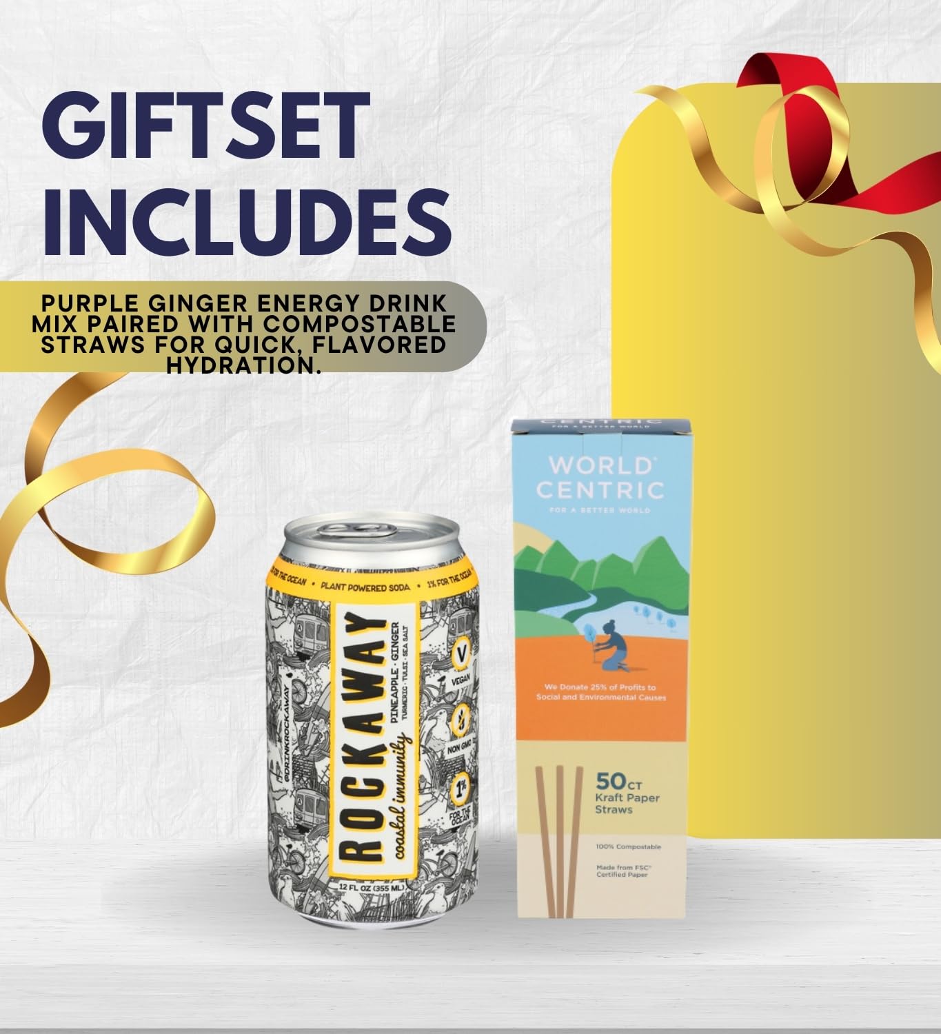 Rockaway Pineapple Ginger Sparkling Drink 12 fl oz Bundle with Straw paper 50 PC — Low-Calorie Energy Drink with Real Fruit Juice and Organic Cane Sugar — Gift Set (2 Items)