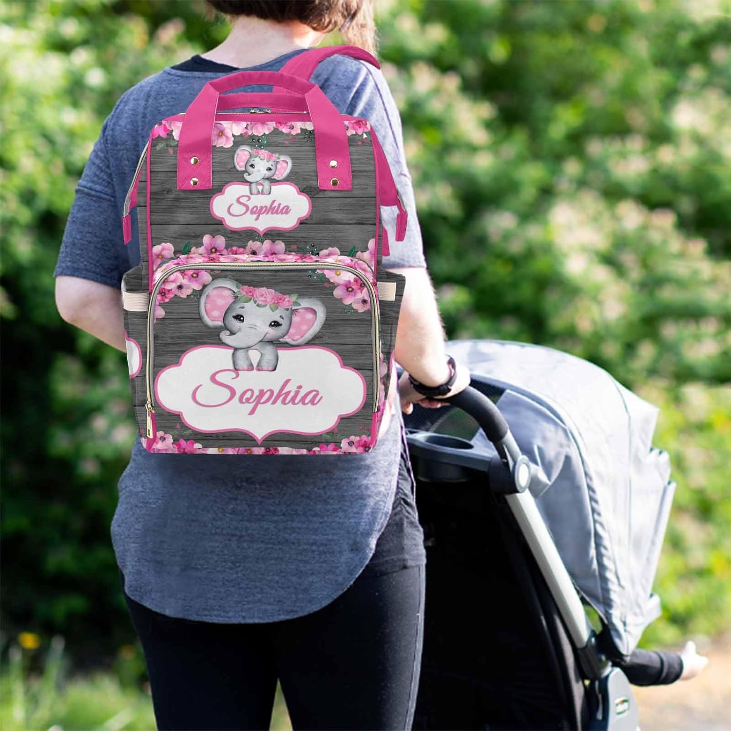 M YESCUSTOM Personalized Name Diaper Bag Backpack for Mom and Dad, Pink Flower Custom Baby Bags for Newborn American Daycare Bag, Baby Nursery Bag for Mom Gift