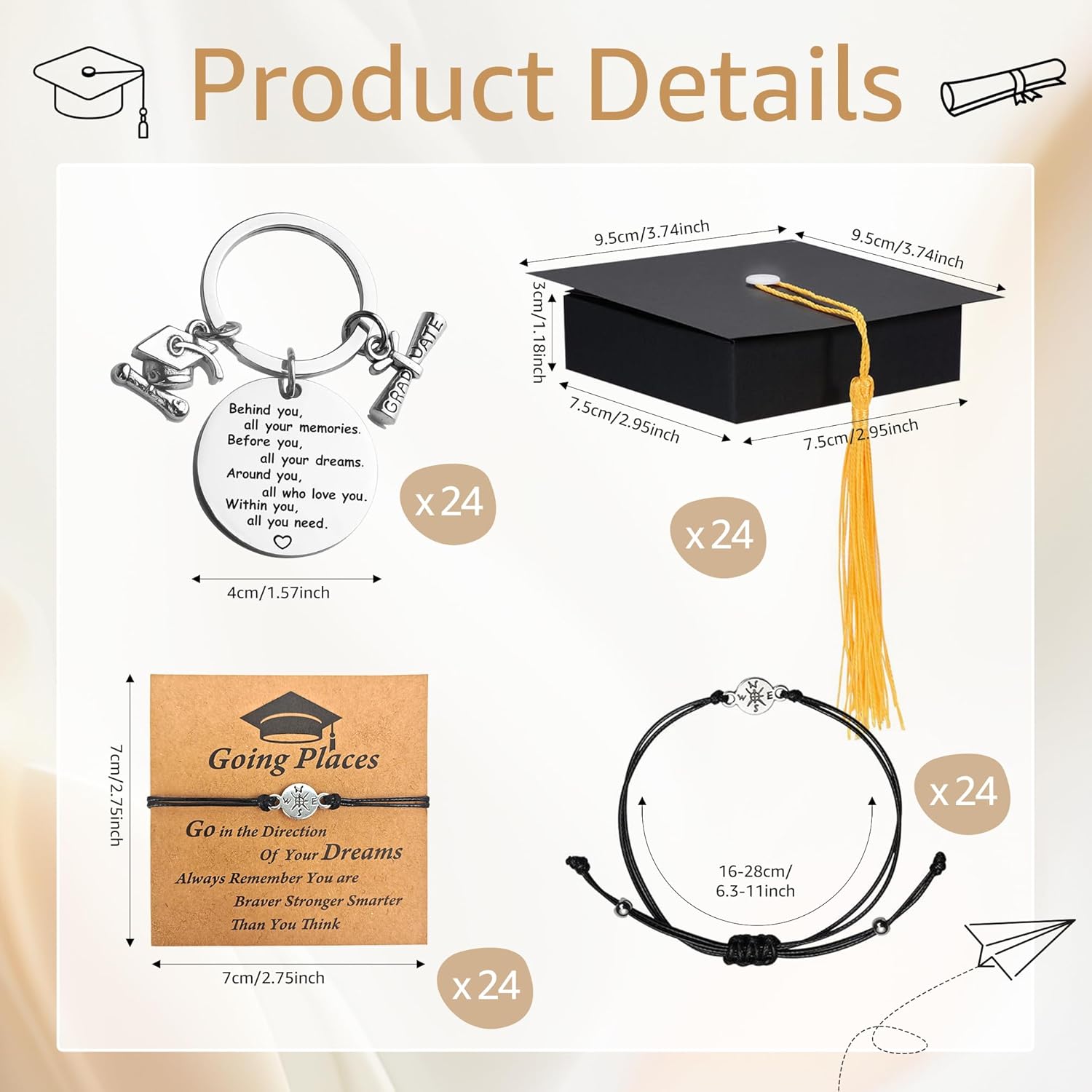 24 Sets 2026 Graduation Gifts Bulk Positive Behind You All Your Memories Keychain Unisex Bracelets Quote Card Comes in Cap Box for Class of 2026 Graduation Gifts for Students Her Him