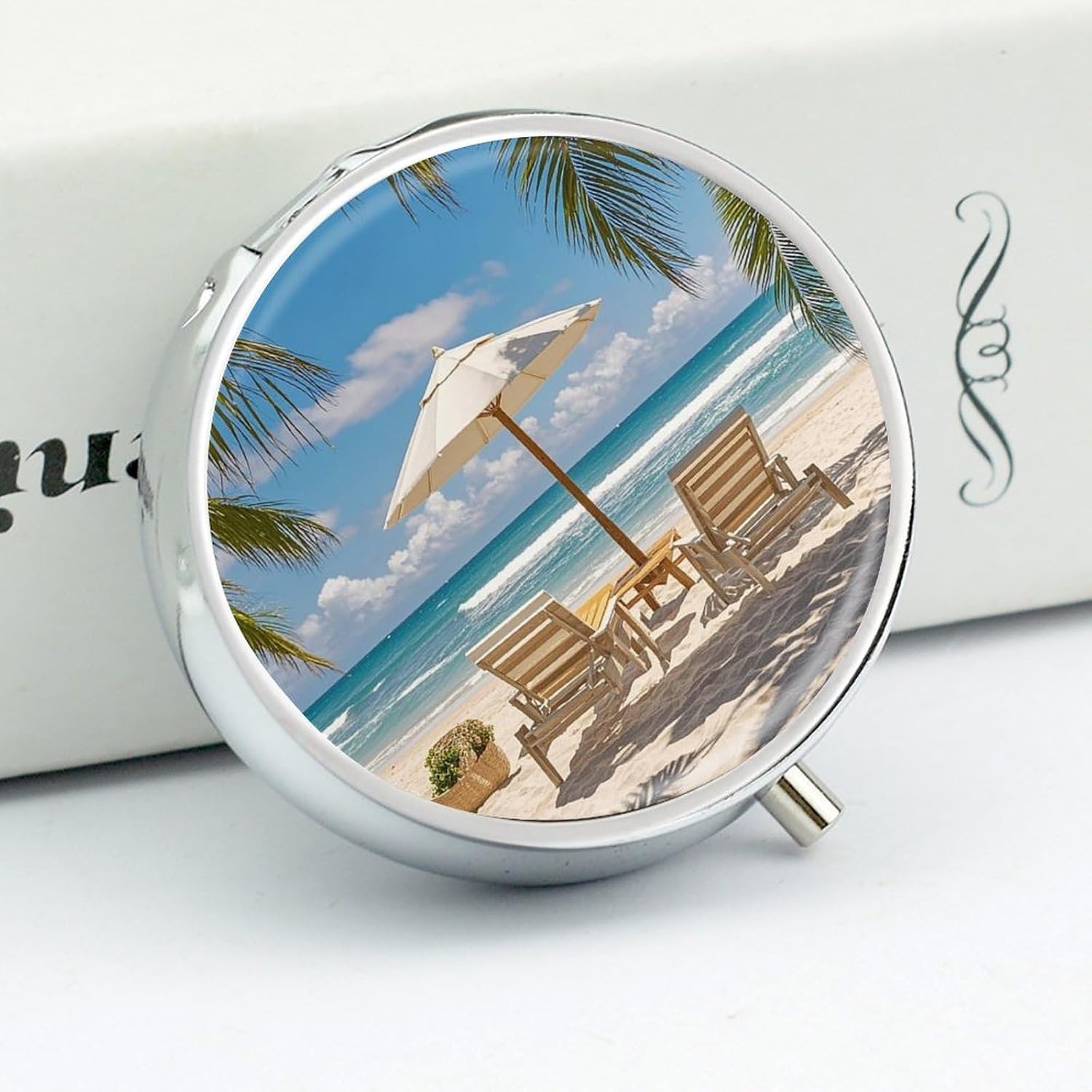 Ocean Beach Theme Round Pill Box, Waterproof Medicine Organizer Box image 4