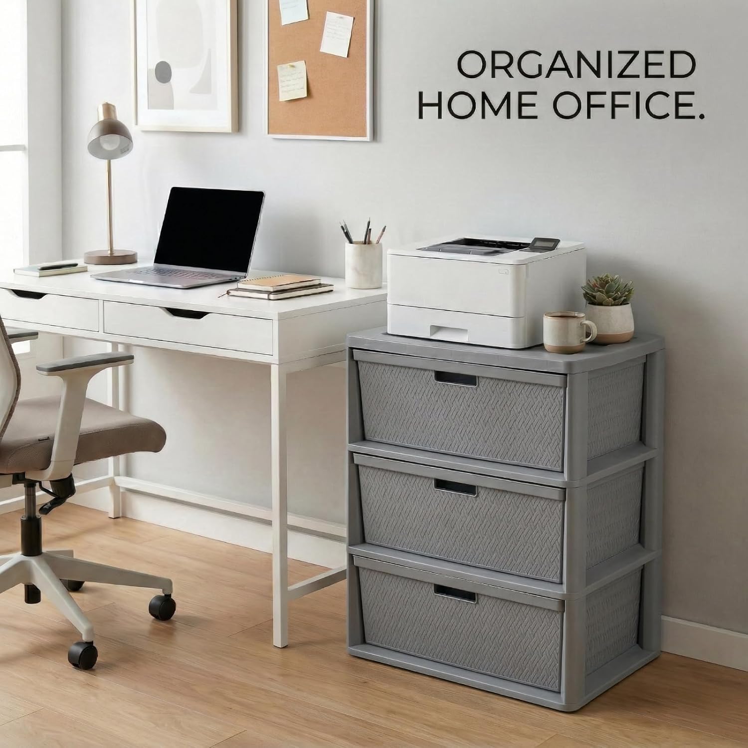 3-Drawer Gray Wide Storage Tower, Decorative Cross-Weave Plastic Dresser, Tool-Free Assembly Organizer Unit with Removable Portable Bins, Versatile Multi-Room Organization
