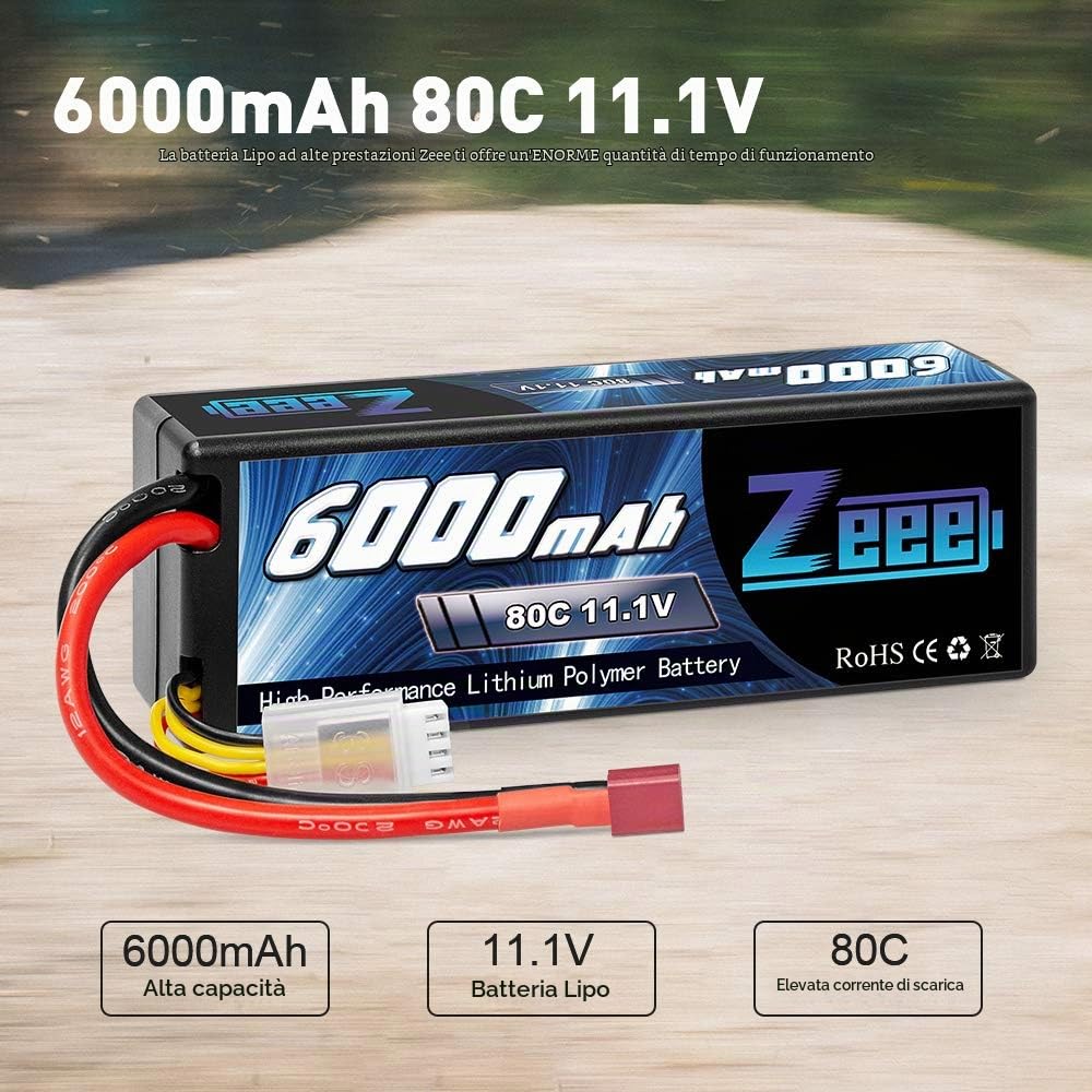 Zeee 3S Lipo Batteria 11,1V 80C 6000mAh Batteria RC Hardcase con Connectore Deans T Spina per RC Evader BX RC Veicolo Auto LKW Truggy RC Nave RC Modells RC Hobby