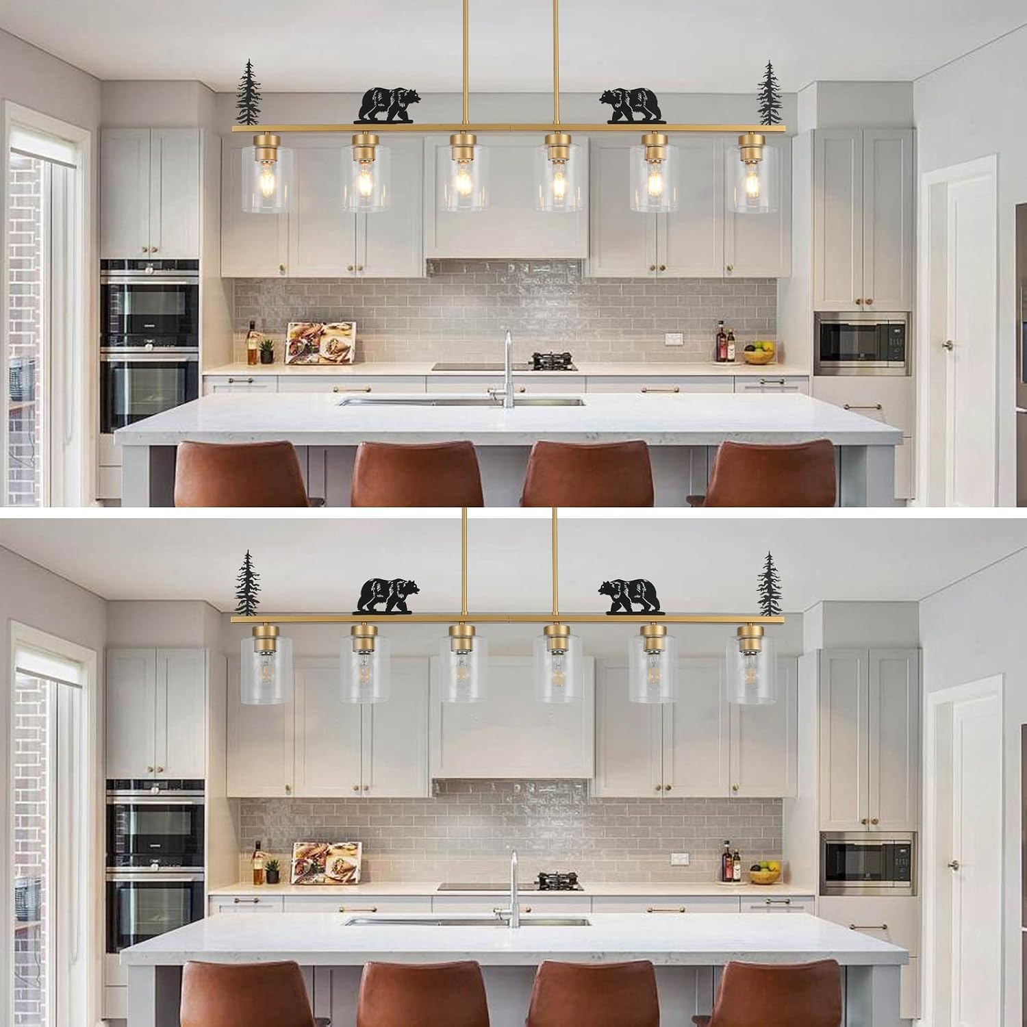 Gold Dining Room Light Fixture/Chandelier Over Table,6-Light Kitchen Island Lighting Hanging for Farmhouse Linear Chandeliers Ceiling Pendant Light Fixtures with Clear Glass Shade