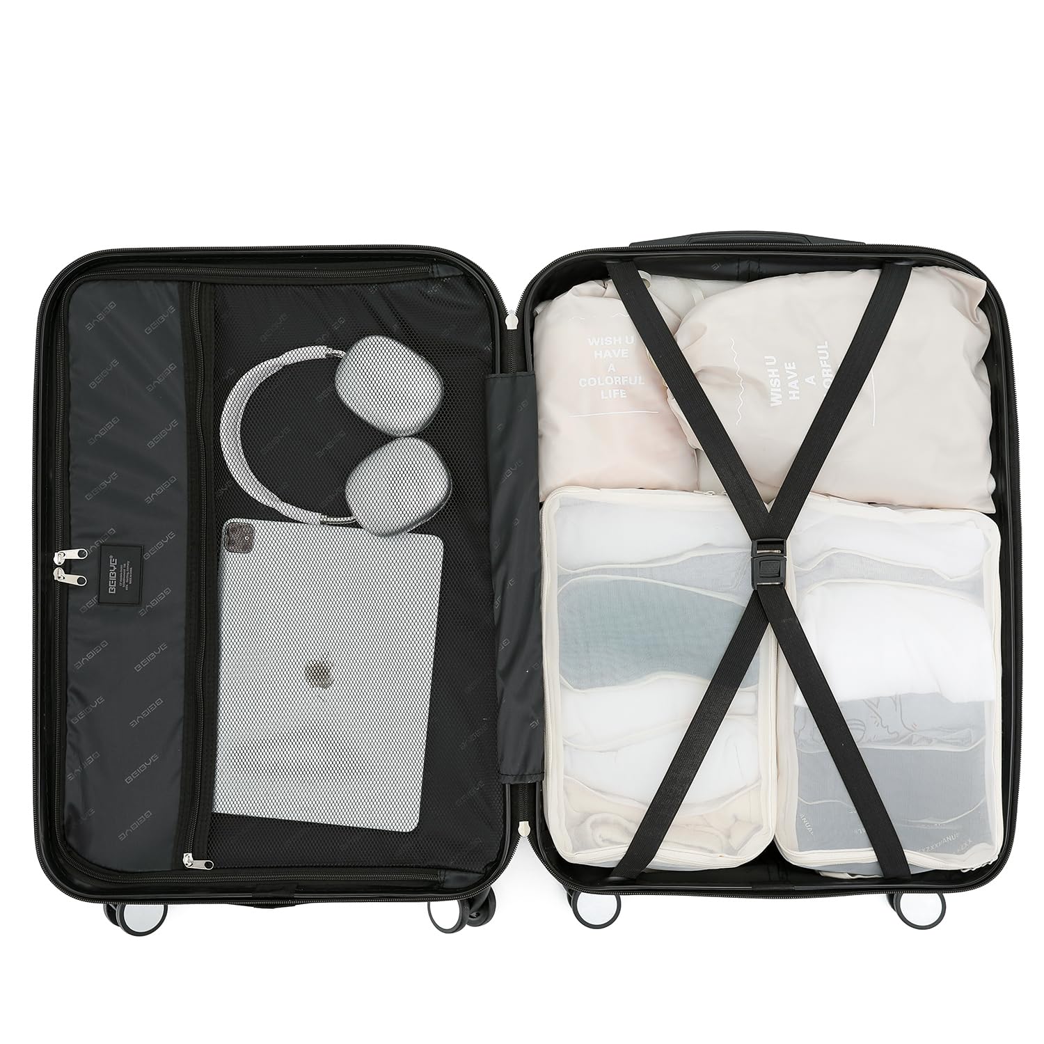 BEIBYE Butterfly 2060 TSA-Schloss 4-TLG. Reisekoffer Trolley – Robustes Hartschalen Kofferset inkl. Handgepäck und Beautycase(L-66cm)