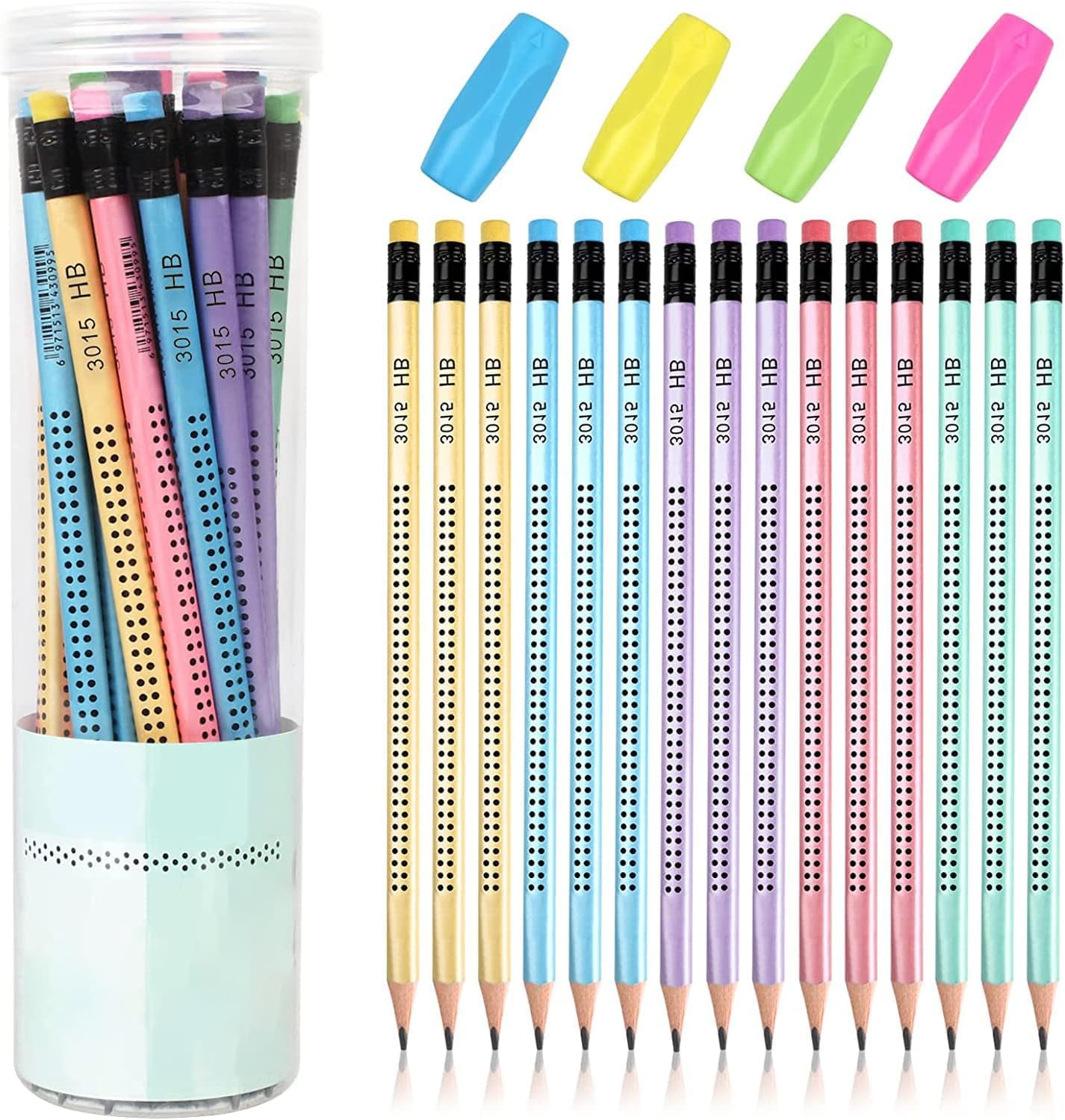 SYOSI HB Pencils, 30Pcs with Rubbers, Pre-sharpened Pencil with 4Pcs Pencil Grip Corrector, Non-Slip Multi-Color with Eraser Student Writing Drawing Tool for Exams, School, Office, Drawing Sketching