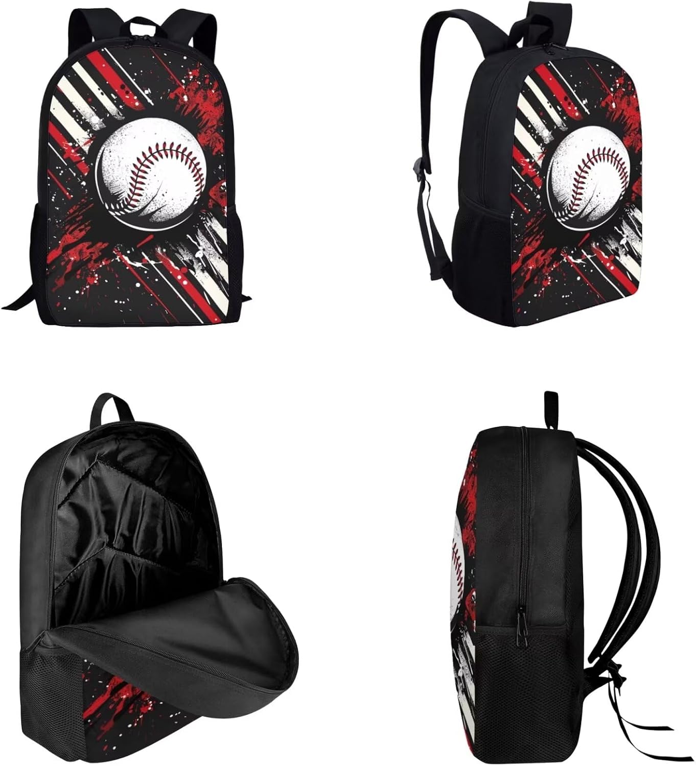 Baseball Print Backpack Set Ink Boys School Backpack Set with Lunch Box Pencil Box, Large Capacity Schoolbag Bookbag Reusable Lunch Bag Pencilcase for Kids Teens, Black adn Red