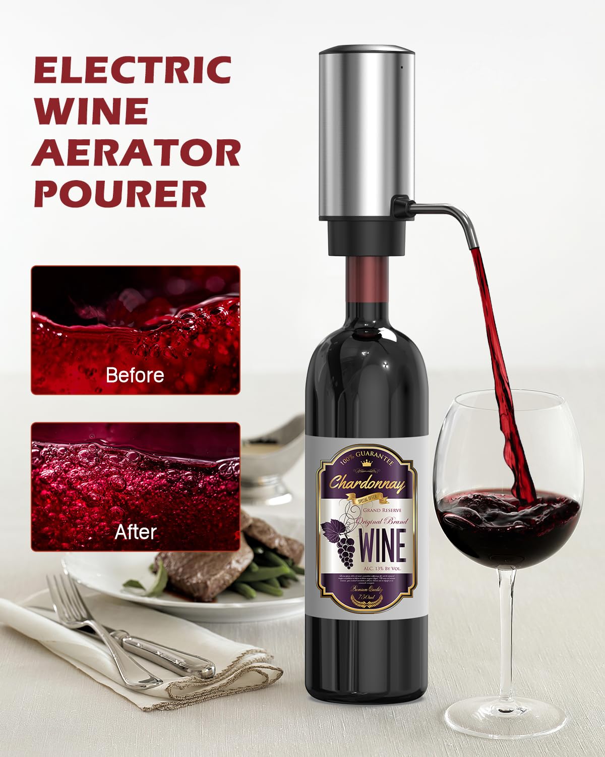 Juego de abridor de vino eléctrico, abridor eléctrico de botellas de vino 4 en 1, abridor de sacacorchos recargable con aireador, cortador de lámina, tapón al vacío, regalo ideal para amantes 3