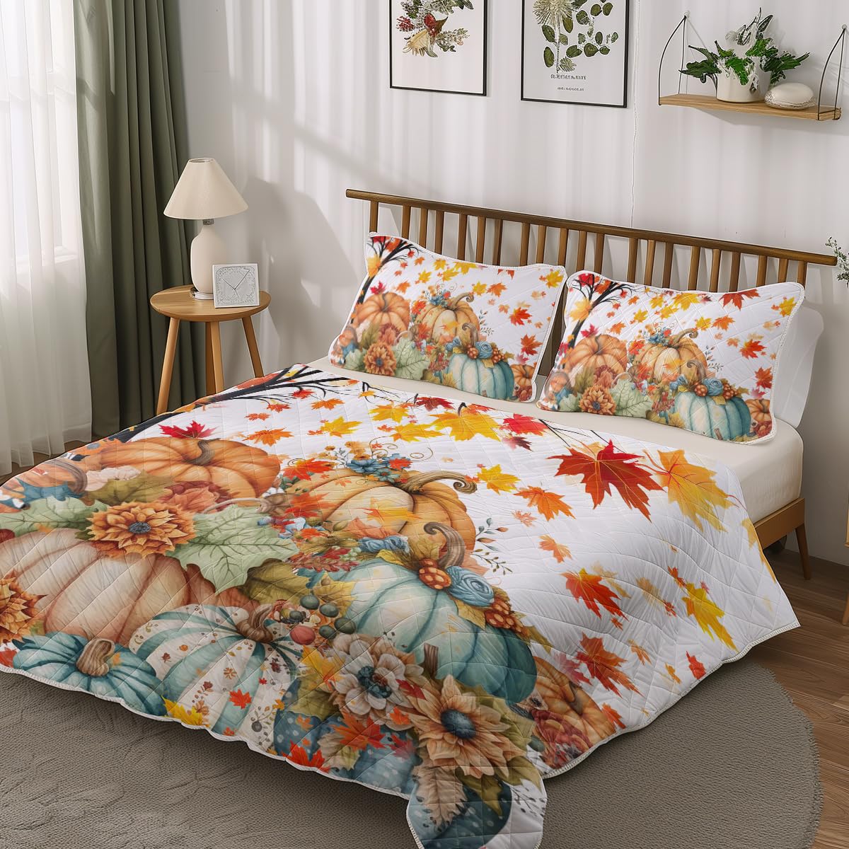 Sleepwish 3pcs Pumpkin Print Quilt Set Soft Lightweight Bed Set Flower Maple Leaves Bedspread Full Size for Kids Girls with 2 Pillow Covers Thanksgiving Day Gifts