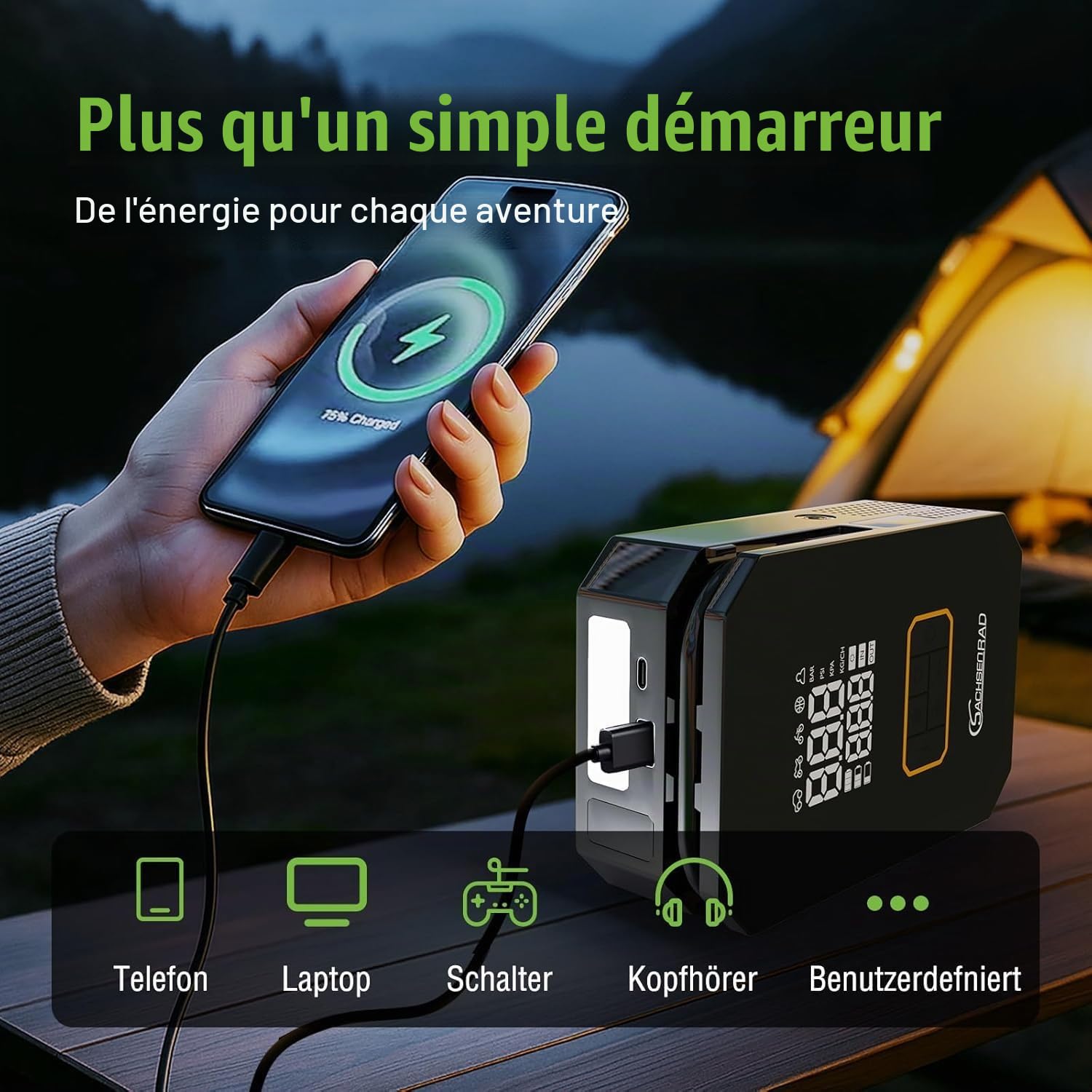 Booster Batterie Voiture avec Gonfleur d’Air 150 PSI – Démarreur 12 V pour Véhicules Jusqu’à 6L Essence / 3L Diesel, avec Câbles de Démarrage, Lampe LED d’Urgence et Embouts d’Air