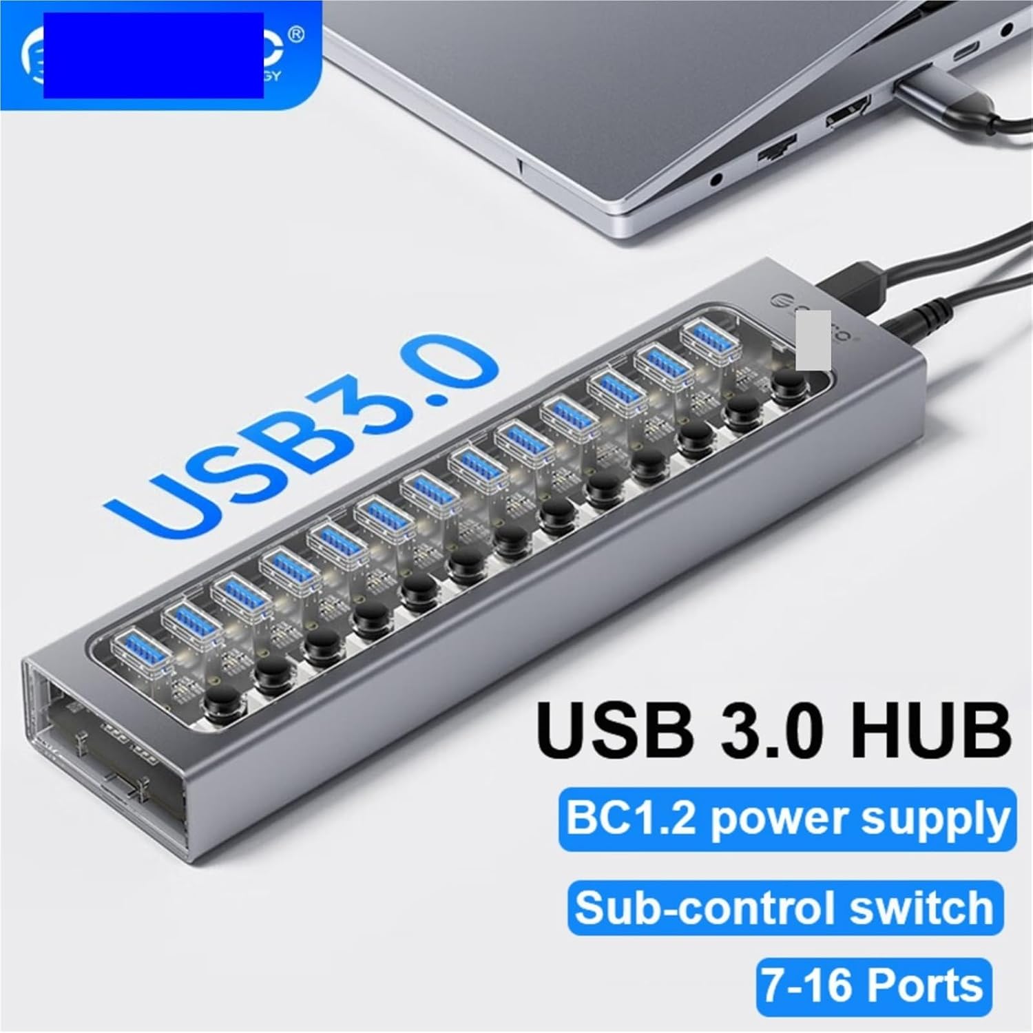 Powered USB Hub Splitter Socket with 7/10/13/16 Ports USB 3.0 Extension with On/Off Switches 12V Power Adapter for PC(7 Port AU)