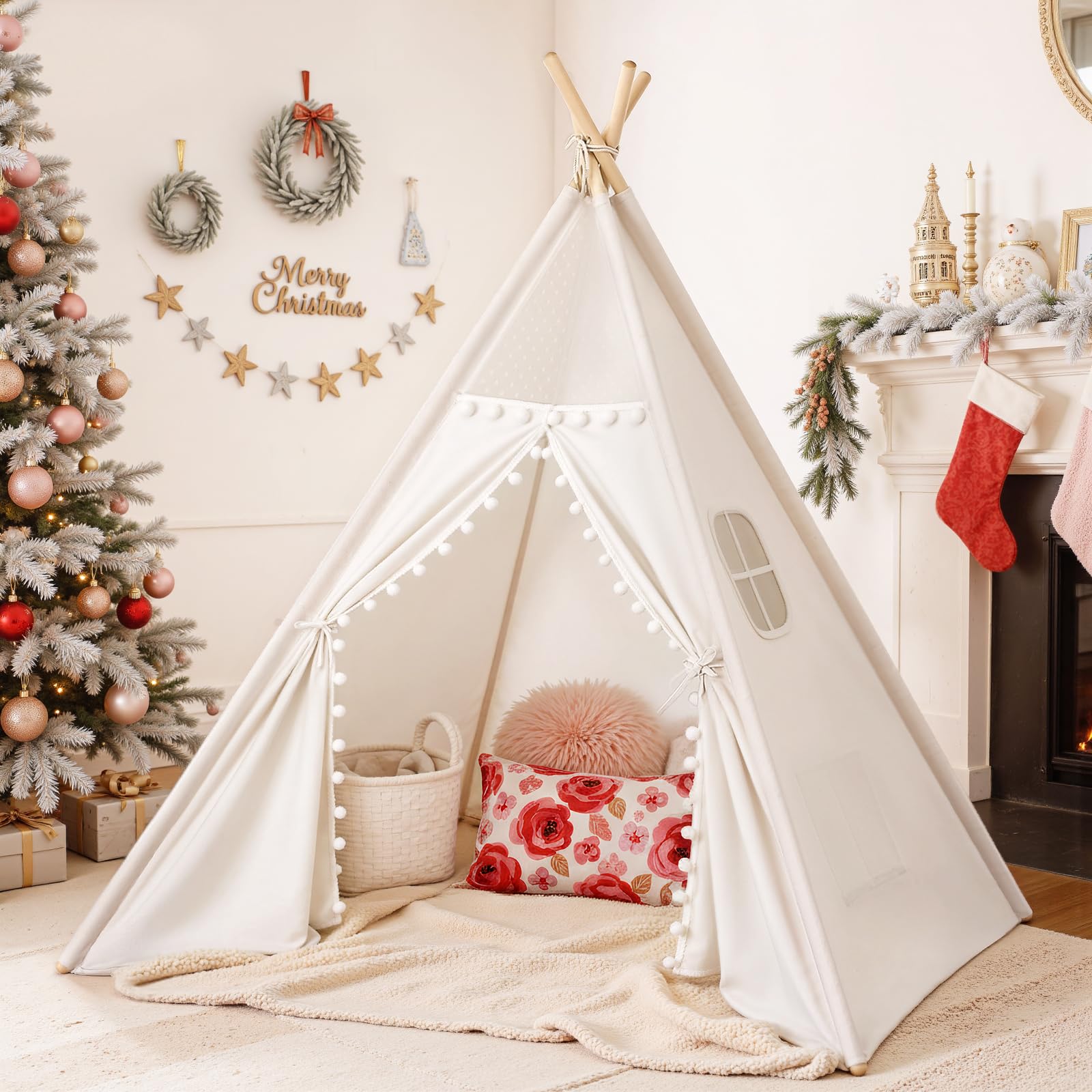 Sumbababy Kids Teepee Tent for Toddlers - Kids Play Tent Indoor Playhouse for Girls & Boys - Washable Tipi Tents Kids Boho Tent with Lights - Foldable Outdoor Kids Play Tent