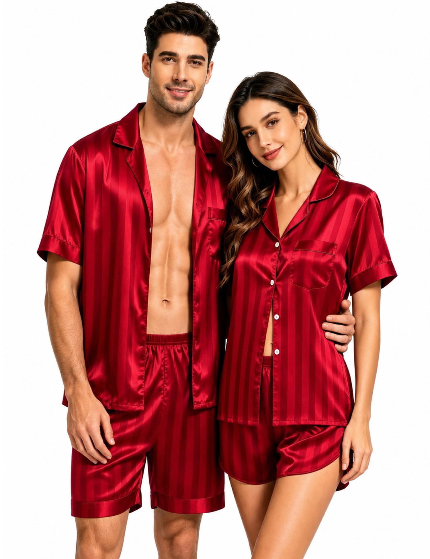 swomog Couple Satin Matching Pajamas Sets Women & Men Short Sleeve Sleepwear Silk Button Down Nightwear 2 Pieces Loungewear-picture-23