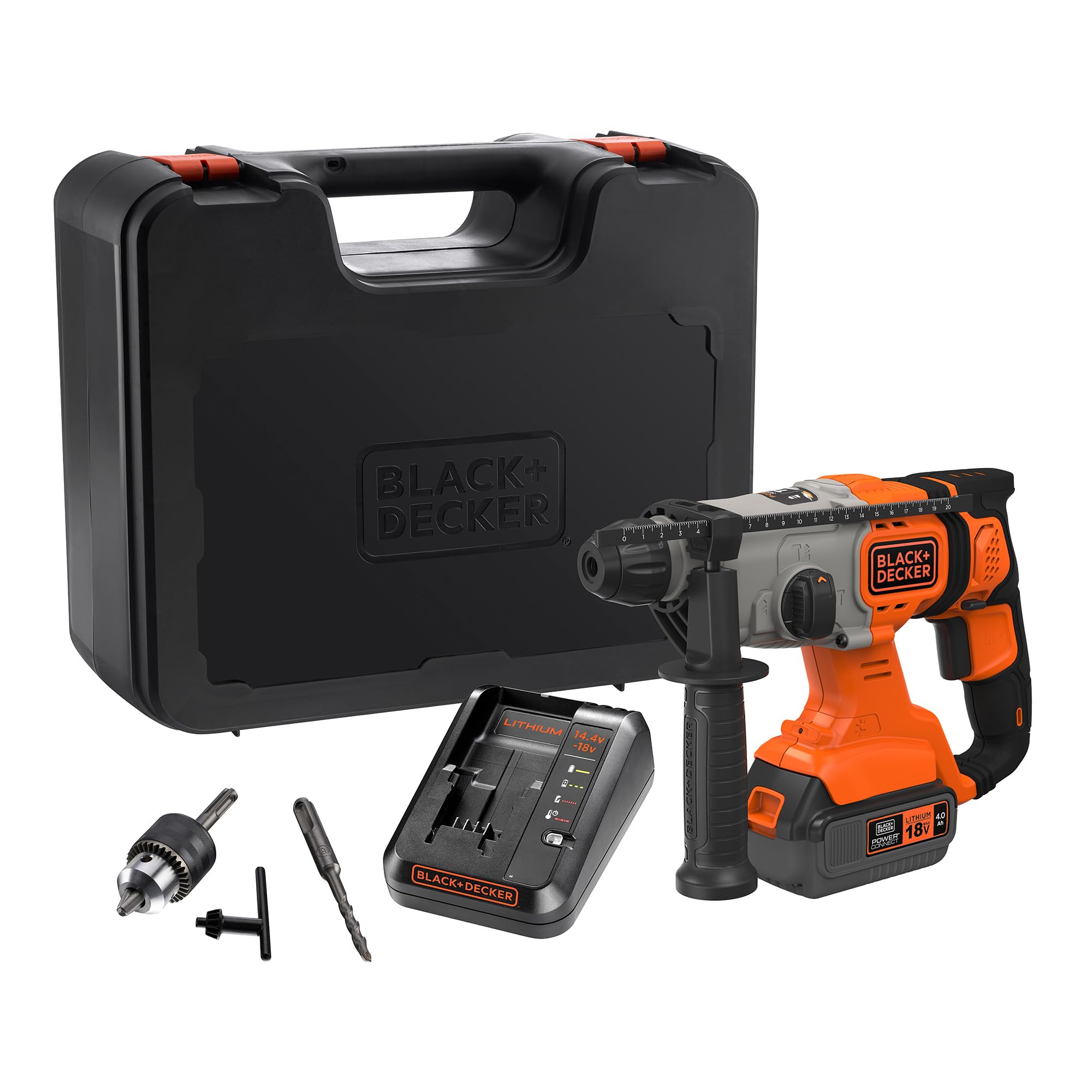 BLACK+DECKER Taladro percutor inalámbrico SDS-Plus 18V, batería 4,0Ah, cargador 2A, caja del kit, mango ajustable, luz LED, BCD900M1K-QW