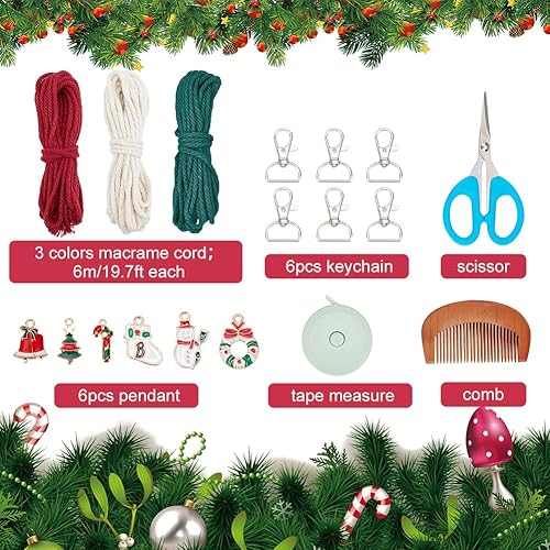Miniatura 2 de INFUNLY 6 Sets Christmas Macrame Keychain Kit for Adults DIY Macrame Wristlet Kits Macrame Keychain with Tassels DIY Christmas Gift for Family with