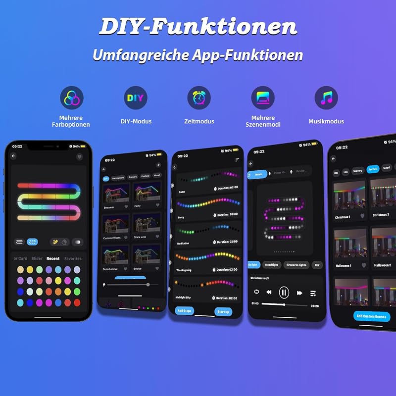 Lichaser 40m RGB LED szalag kültéri vízálló Bluetooth és RF távirányítóval