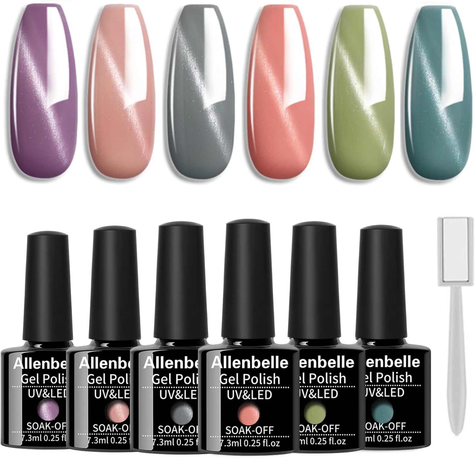 Allenbelle Gel Nail Polishes-Cat Eye Gel Nail Polish Set Soak Off Magnetic Gel Nail Polish UV LED Required(Lot of 6pcs 7.3ML/pc,magnet as gift)001 … (009)