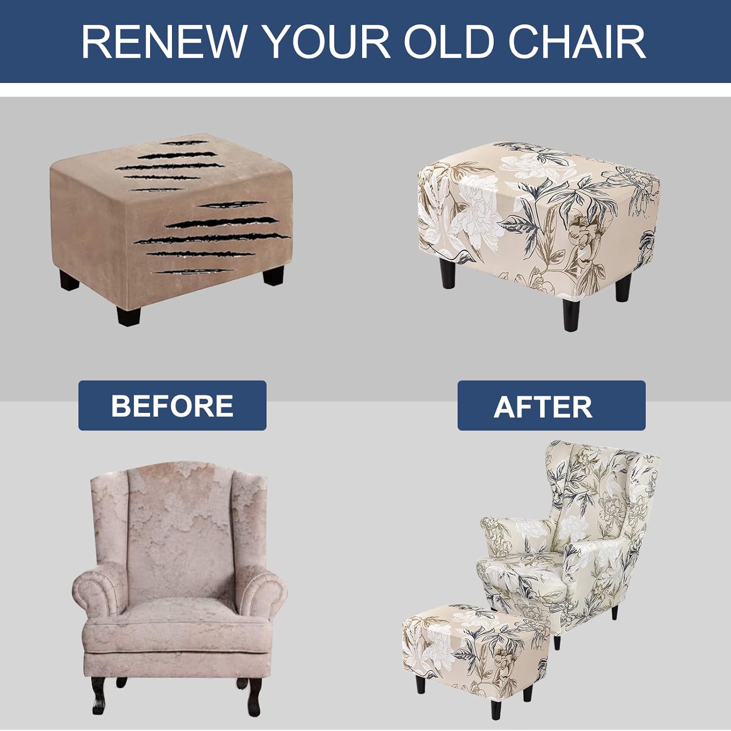 HAOYONG Stretch Wing Chair Cover Set Ottoman Slipcover 2 Pieces Wingback Chair Slipcover and and 1 Piece Rectangle Storage Stool Cover Removable Armchair Sofa Covers for Living Room Bedroom