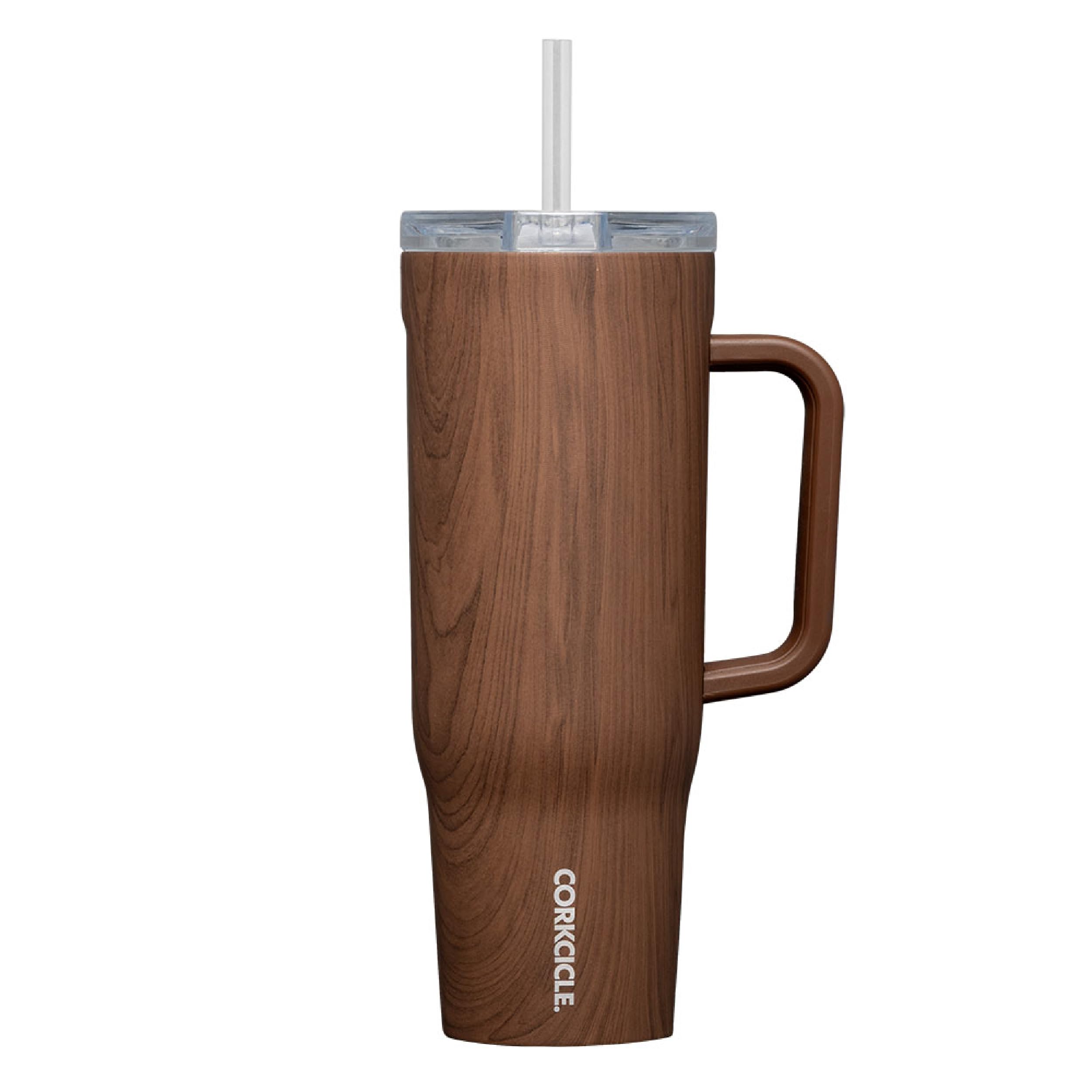 CorkcicleCruiser Insulated Tumbler with Handle and Straw, Walnut Wood, 40 oz – Reusable Water Bottle Keeps Beverages Cold for 20 Hours, Hot for 9 Hours – Cupholder Friendly