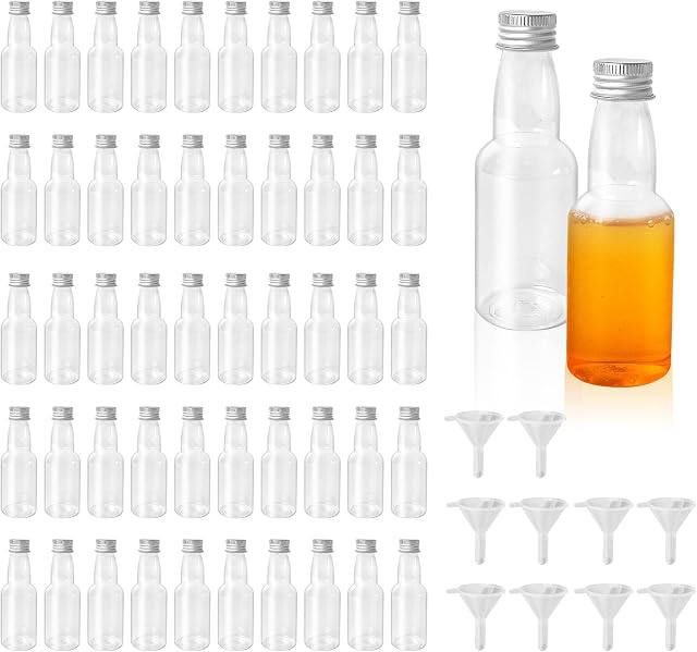 50 Pack Mini Bottles for Liquor, 60ml Plastic Bottles Wedding Favours, Miniature Alcohol Bottles with Screw Cap, Reusable Mini Bottles for Mini Fridge Parties Travel