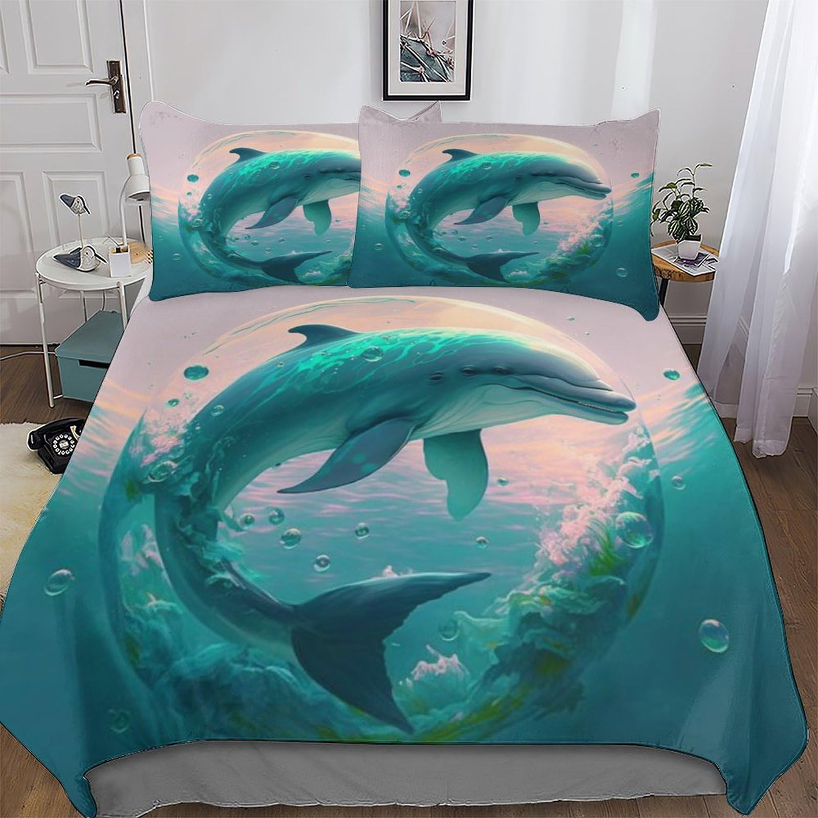 Housse de couette dauphin 3 pièces anti-plis et facile à laver pour le grand lit des adultes
