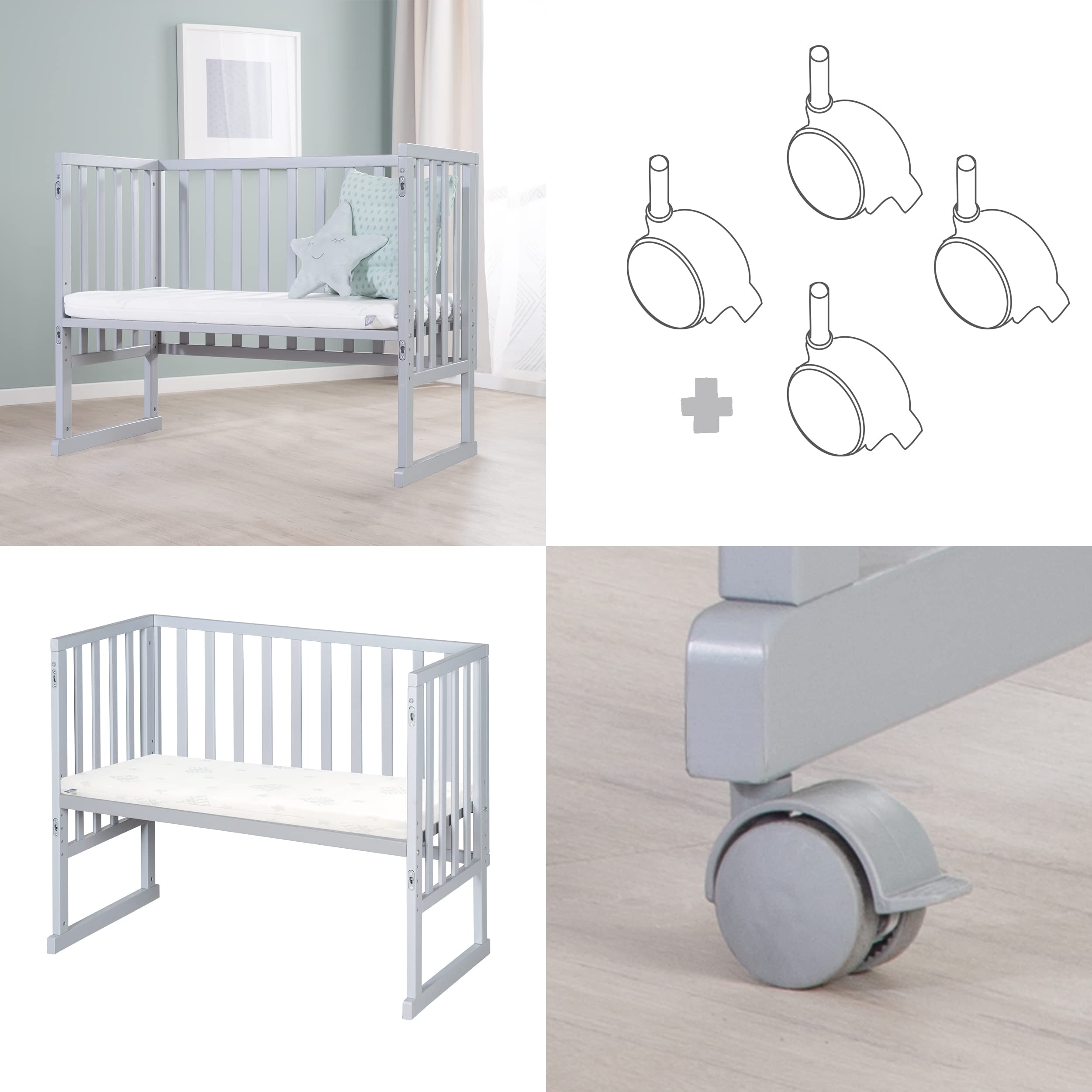 oba Stuben- und Beistellbett safe asleep® 3 in 1-45 x 90 cm - Höhenverstellbar - Komplettes Anstellbett mit Matratze + Canvas Barriere - Bett Set für Babys - Holz taupe/grau