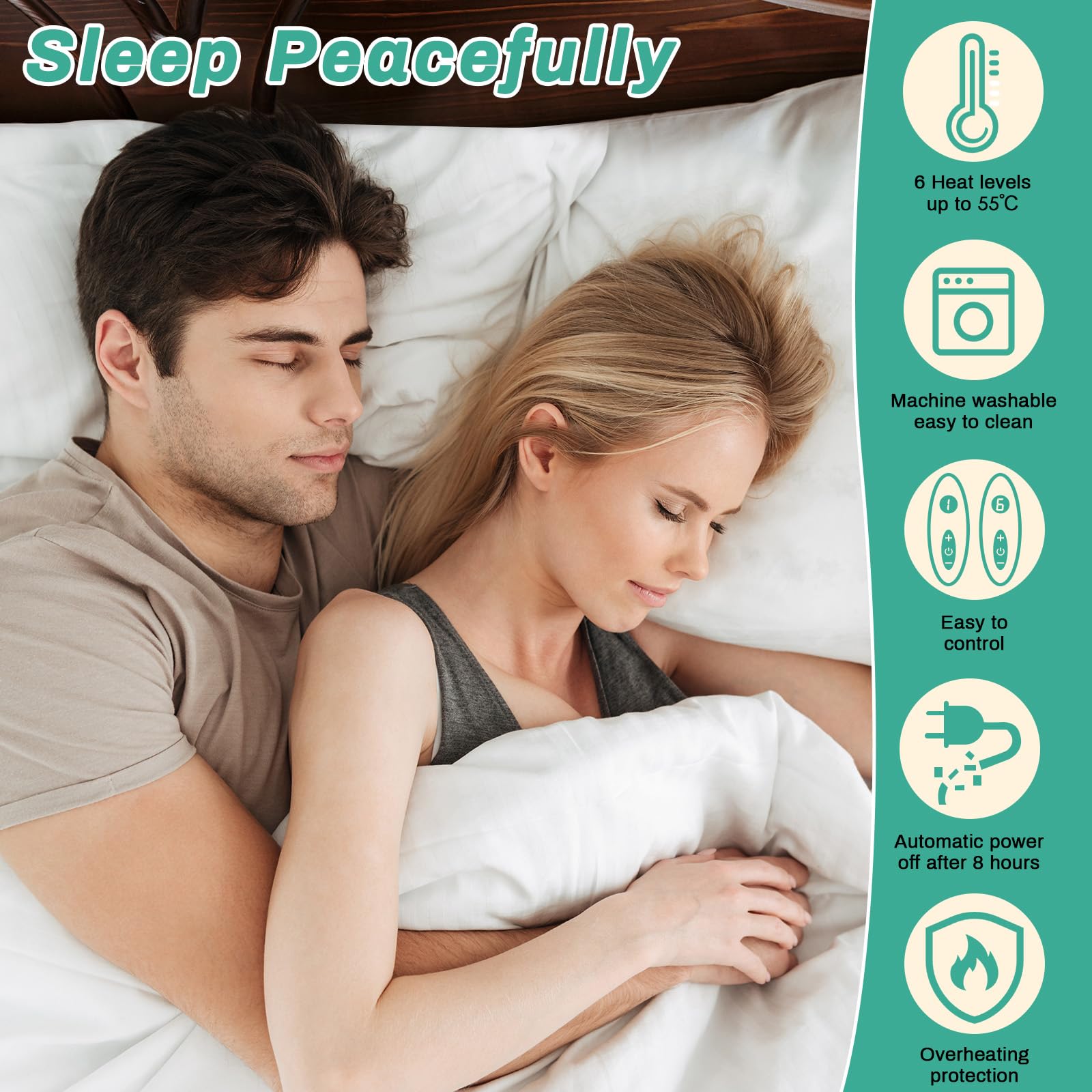Clevich Surmatelas chauffant 190 x 140 cm - Double 2 x 100 W - Lavable en machine - Avec arrêt automatique de 8 heures - 6 niveaux de température - Double contrôleur amovible