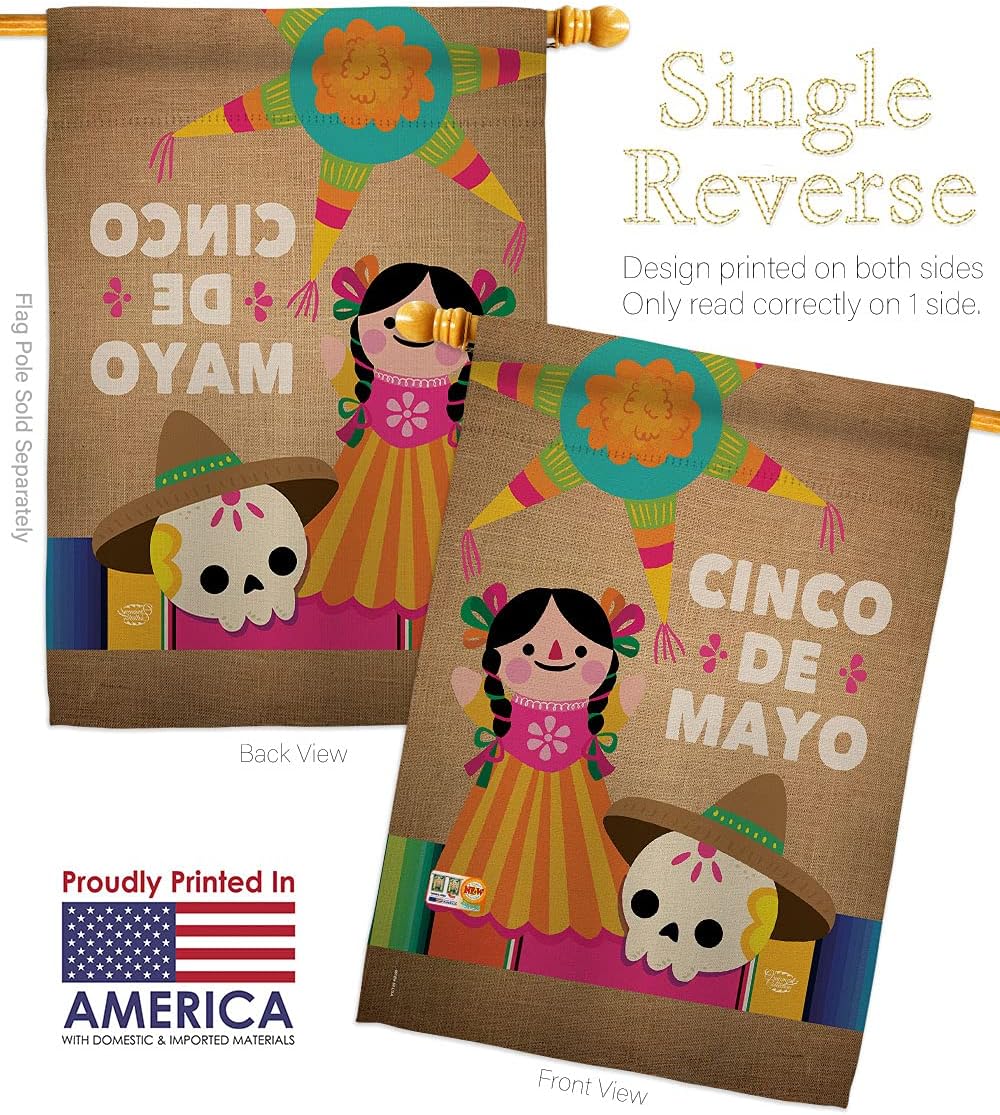 Cinco de Mayo Day House Flag Dowel Set Summertime Party Cactus Pinata Sombrero Mexican Fiesta Outdoor Small Decorative Gift Yard Banner Made In USA 28 X 40