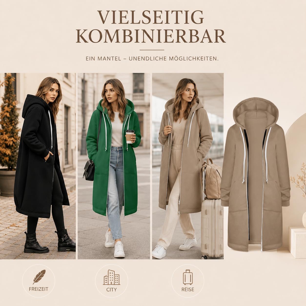 Lang Sweatjacke Damen Hoodie mit Kapuze Fleecejacke Einfarbig Kapuzenjacke Herbst Winter Übergangsjacke Casual Locker Kapuzenpullover Outwear Mantel Jacke mit Reißverschluss und Taschen Y2K Streetwear