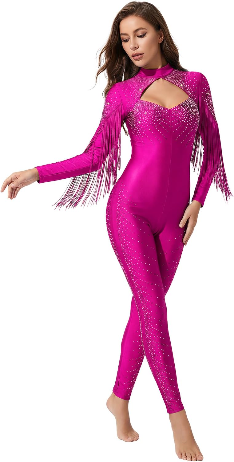 FEESHOW Women's Rhinestone Fringe Gymnastics Leotard Full Body Figure Skating Jumpsuit Ballet Dance Unitards