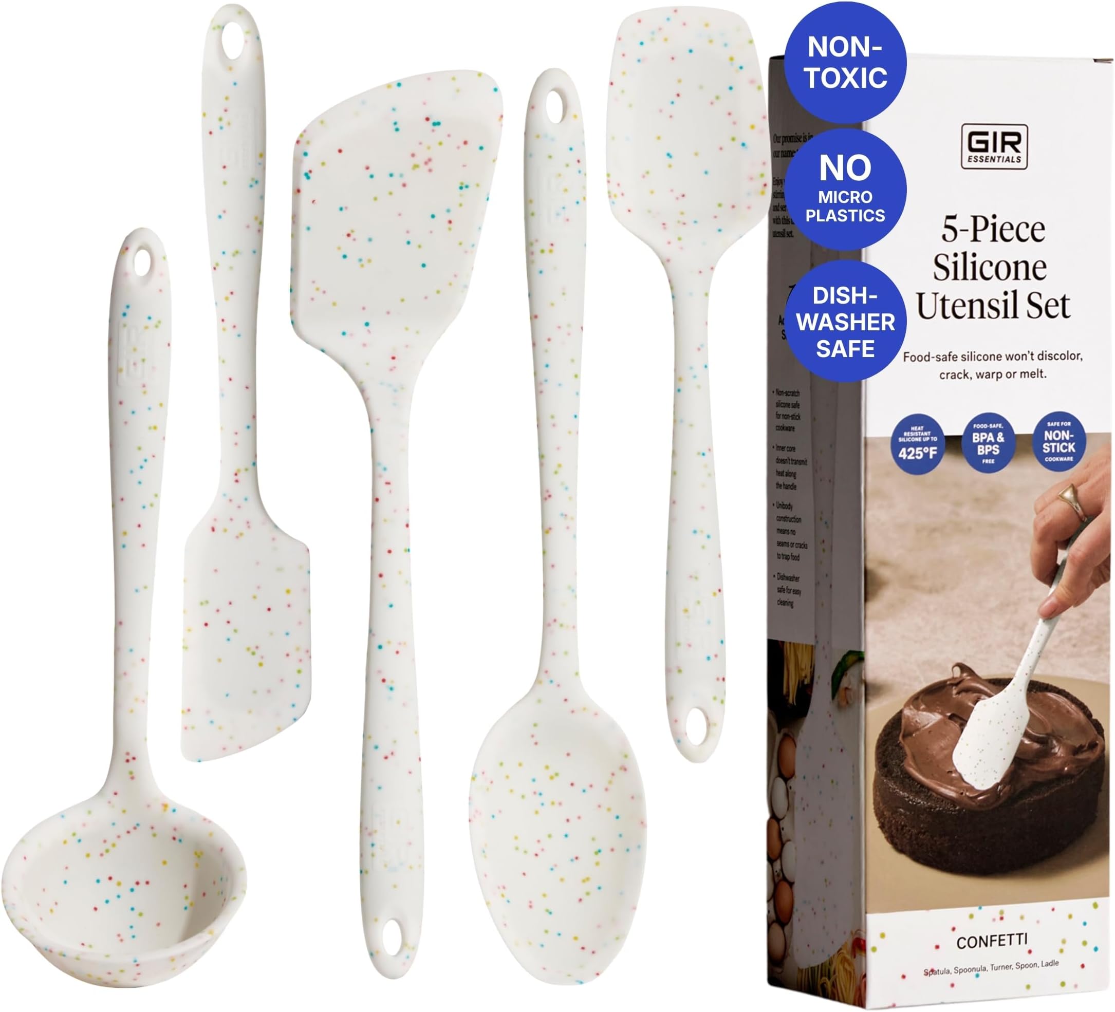 5-Piece Silicone Kitchen Utensils Set, Non-Toxic Cooking Utensils for Cooking and Baking, Heat Resistant, Food Grade, Dishwasher Safe Rubber Spatula, Ladle, Spoon - Party Confetti