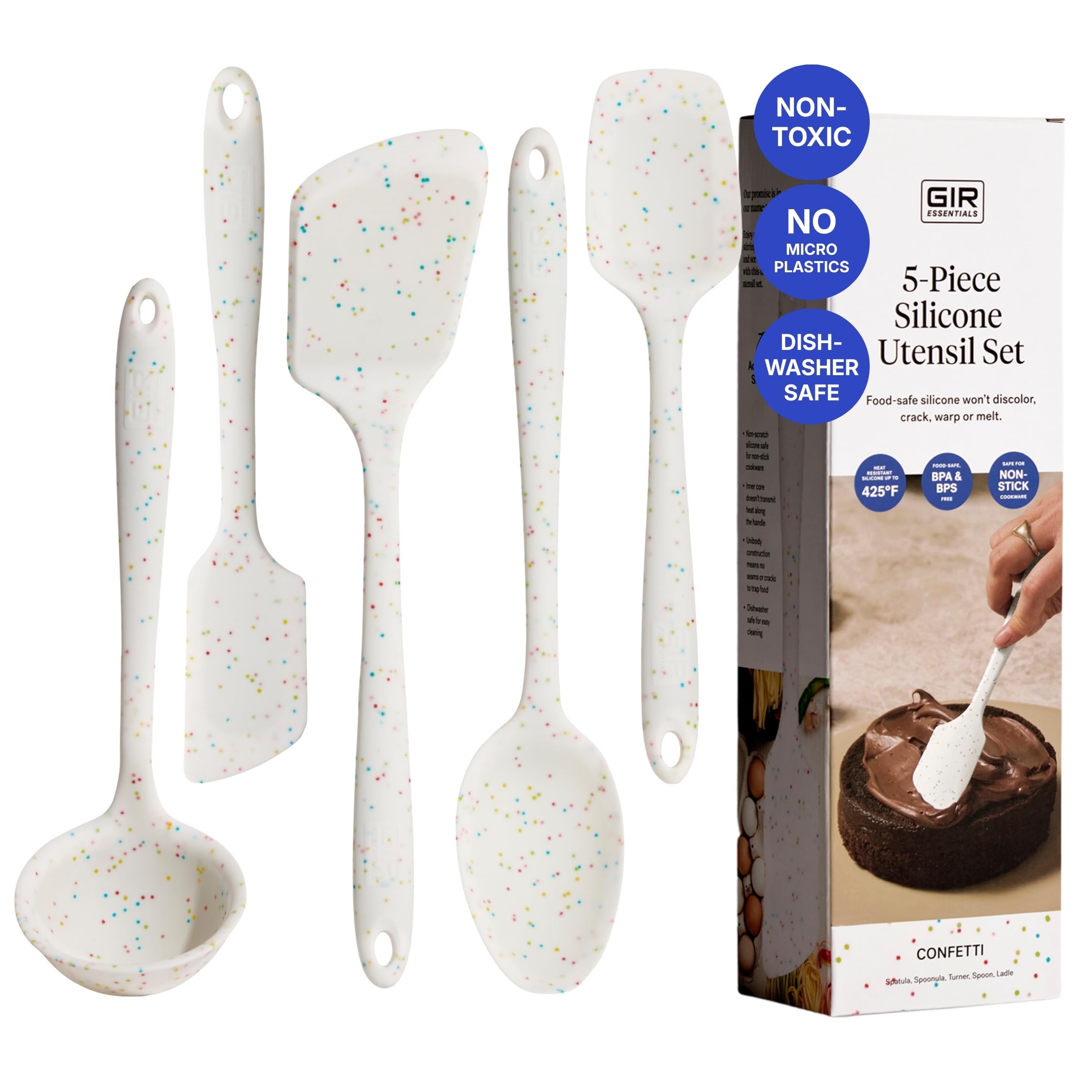 GIR Juego de utensilios de cocina de silicona de 5 piezas, utensilios de cocina no tóxicos para cocinar y hornear, resistentes al calor, grado alimenticio, espátula de goma apta para lavavajillas