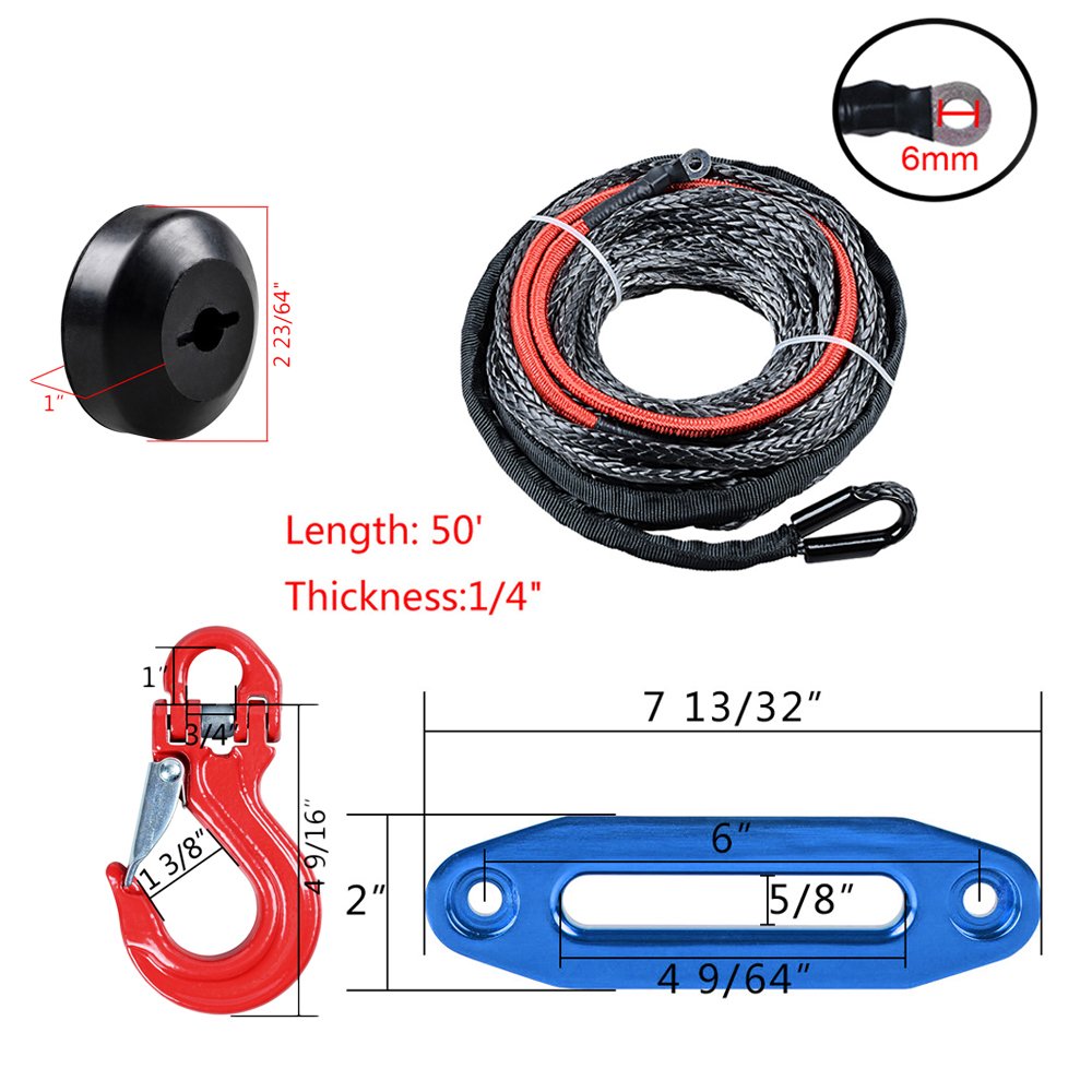 Astra Depot Synthetic Winch Rope Cable Protective Sleeve 40 inch (eat Guard 6400lbs w/RED Half-Linked Hook+ Winch Stopper + 6-inch Blue Hawse Fairlead for ATV UTV Ramsey KFI (50ft x 1/4 inch (