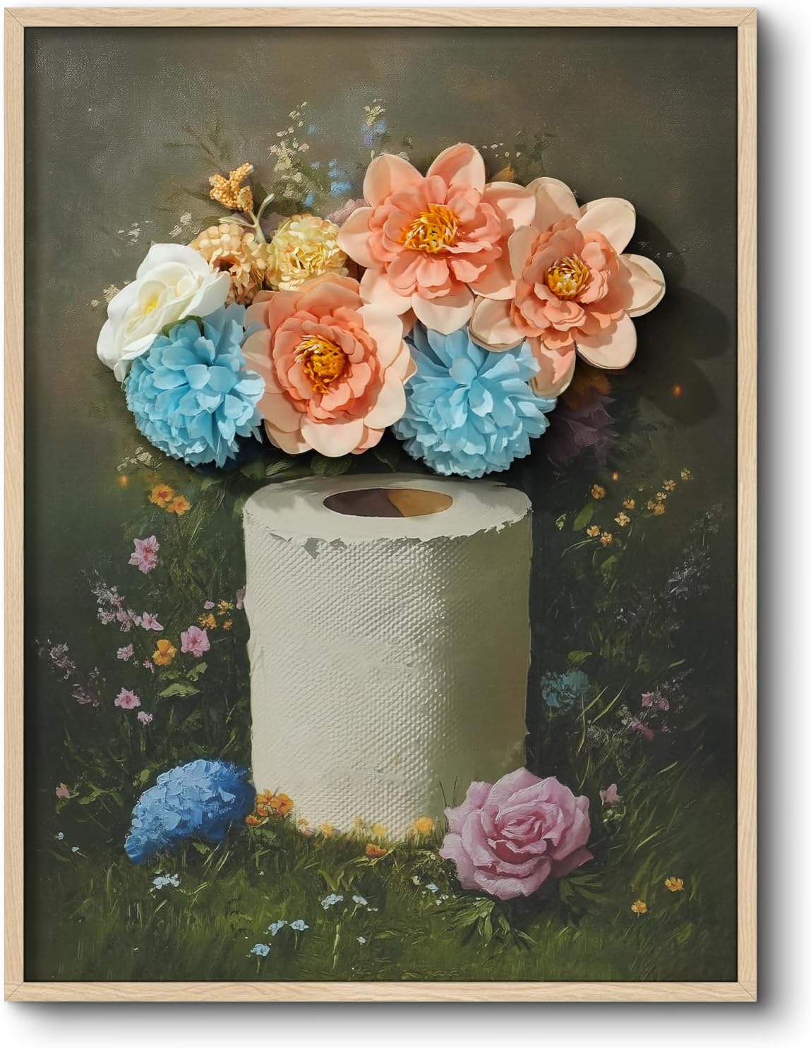Hand-Applied 3D Floral Design Funny Toilet Paper Flowers Wall Art, Vintage 12x16 Inch Framed Canvas Painting with Faux Silk Blossoms, Realistic Dimensional Decor Bathroom Home Farmhouse