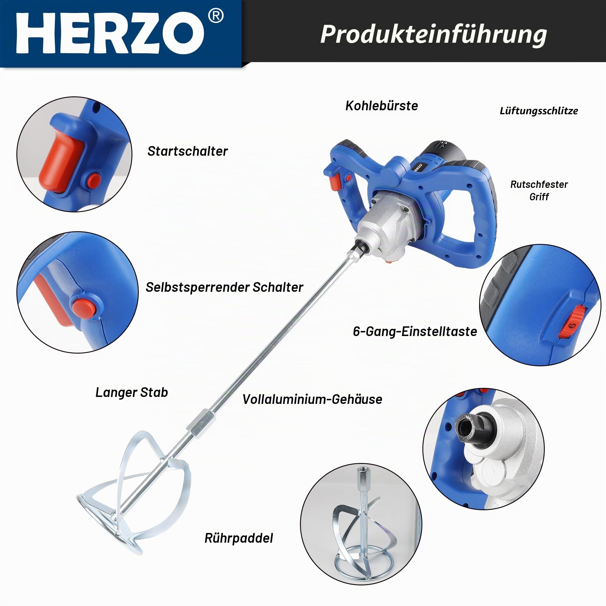 HERZO Rührwerk 1300W,Metallgetriebe,Rühreraufnahme M14, Rührer ø 120 mm für Mischgut Beton, Mörtel, Putz, Farbe, Kleber und Zement