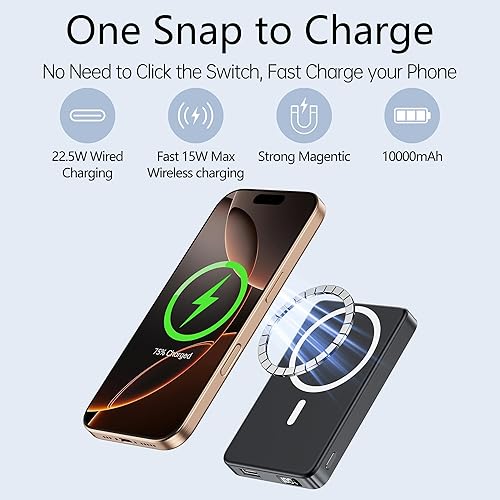 Miniatura 2 de YUJE Banco de energía magnético, para batería MagSafe de 10000 mAh, PD 20 W USB-C cargador portátil rápido, batería inalámbrica para iPhone