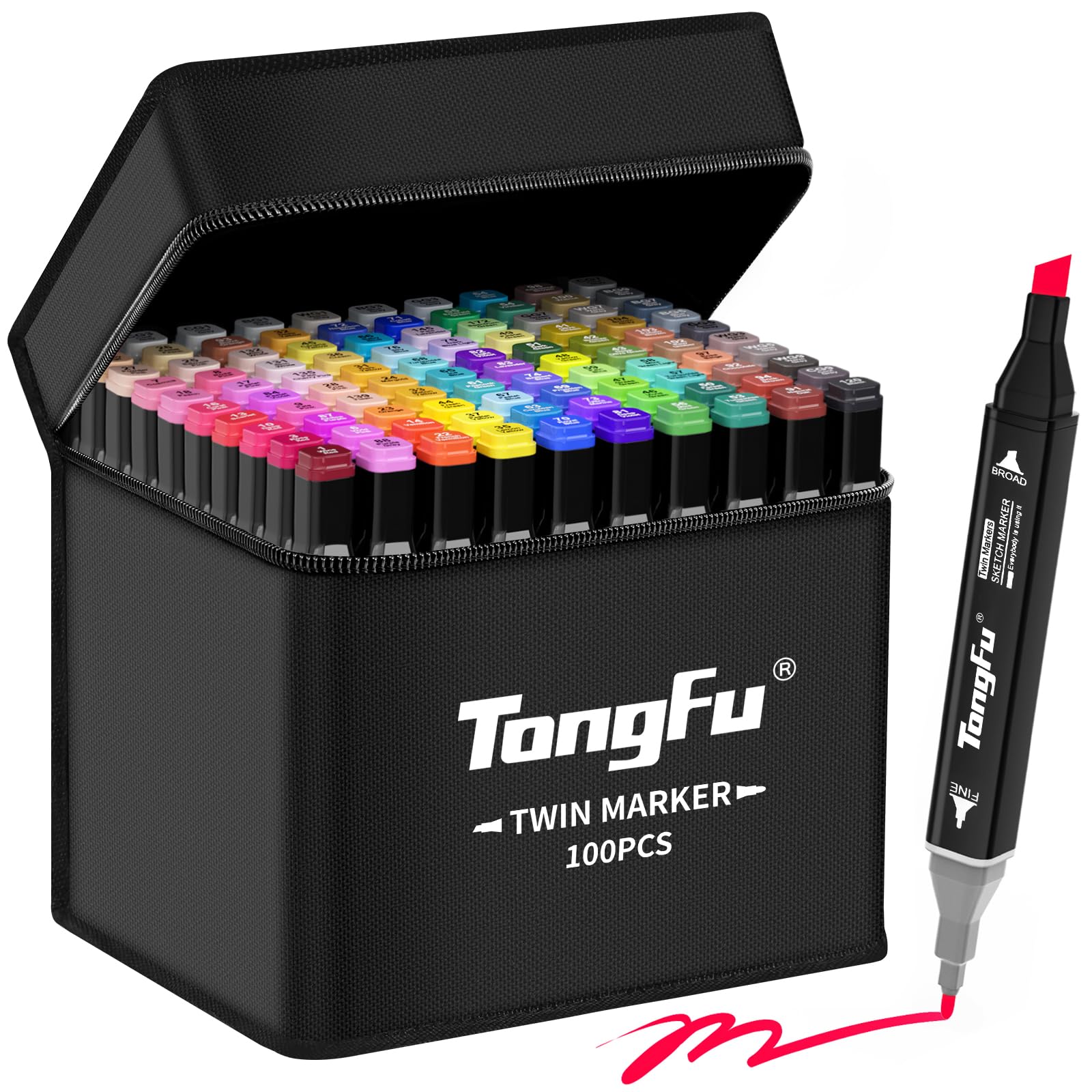 TongFu 100 Colored Marker Set, Colouring Pens for Adults, Dual Tip Art Markers, Felt Tip Permanent Pens for Drawing, Colouring Books, Anime and Manga with Carrying Case and Storage Base