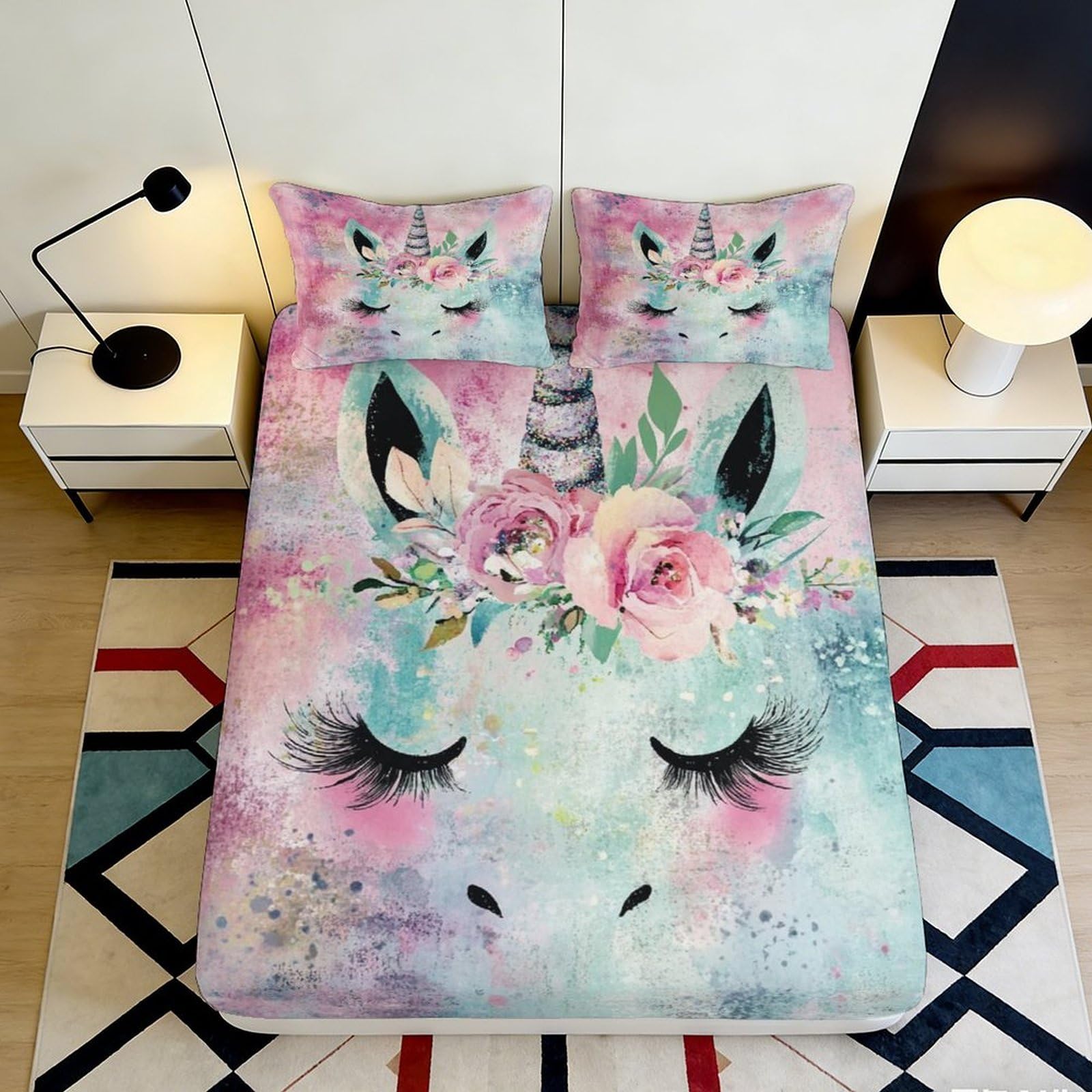 3D Printed Unicorn Floral Fitted Sheet Microfiber Soft Pastel Rainbow Mattress Cover for Bedroom Dorm Mattress Protection Decor 90x200x25cm