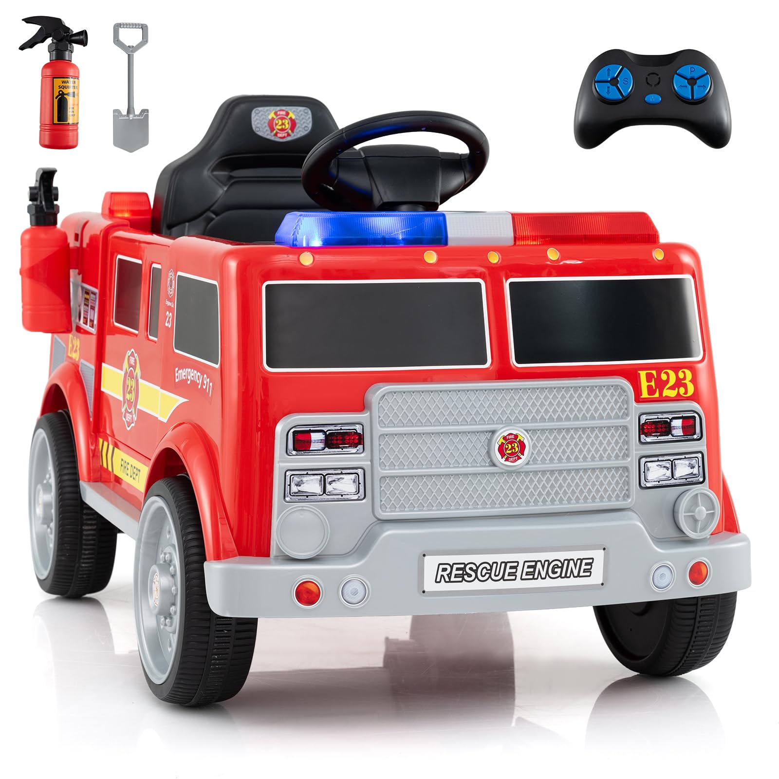 Costzon Kids Ride on Fire Truck, 12V Battery Powered Fire Car w/Remote Control, Extinguisher, Shovel, Loudspeaker, Music, Sirens, Lights & Wireless Connection, Electric Vehicle for Kids(Fire Truck)