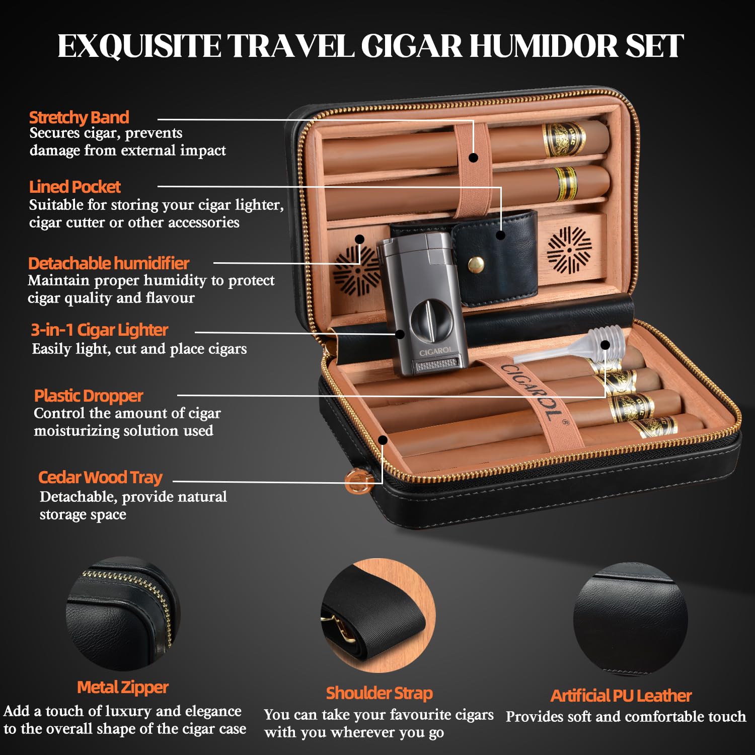 Boîte a Cigare, Étui a Cigare en Cuir avec Briquet, Cave a Cigare de Voyage avec Humidificateur pour 6 Cigares, Superbe Cadeau pour Hommes (Cigare Non Inclus)