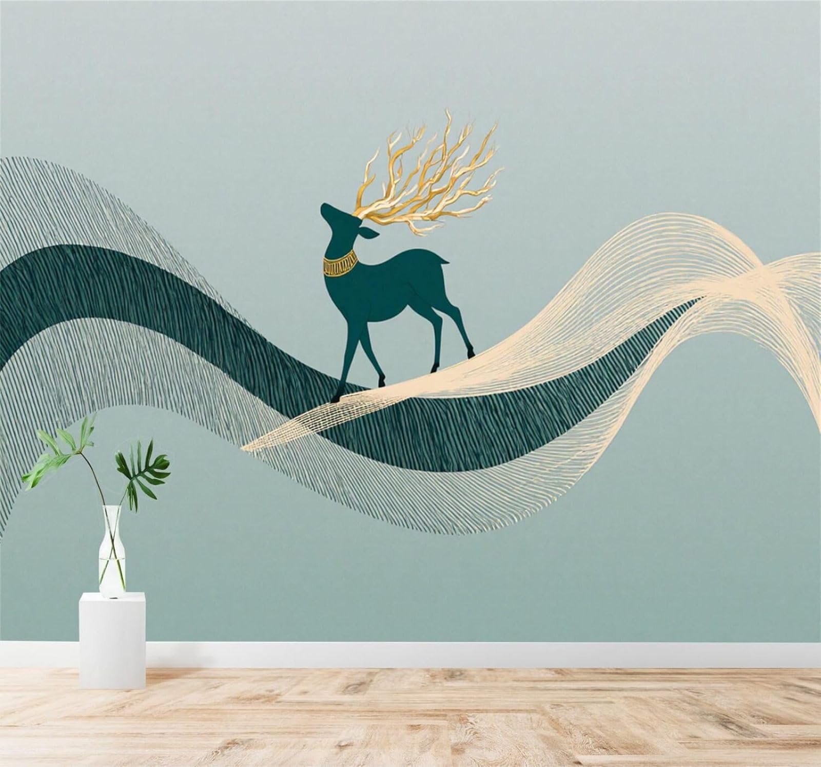 XLMING Golden Antlers Blue Deer Abstract Waves Minimalist Art 3D Wallpaper Silky Texture Home Study Office Grey Dining Room Sofa Bedroom Living Room TV Backdrop-250cm×170cm