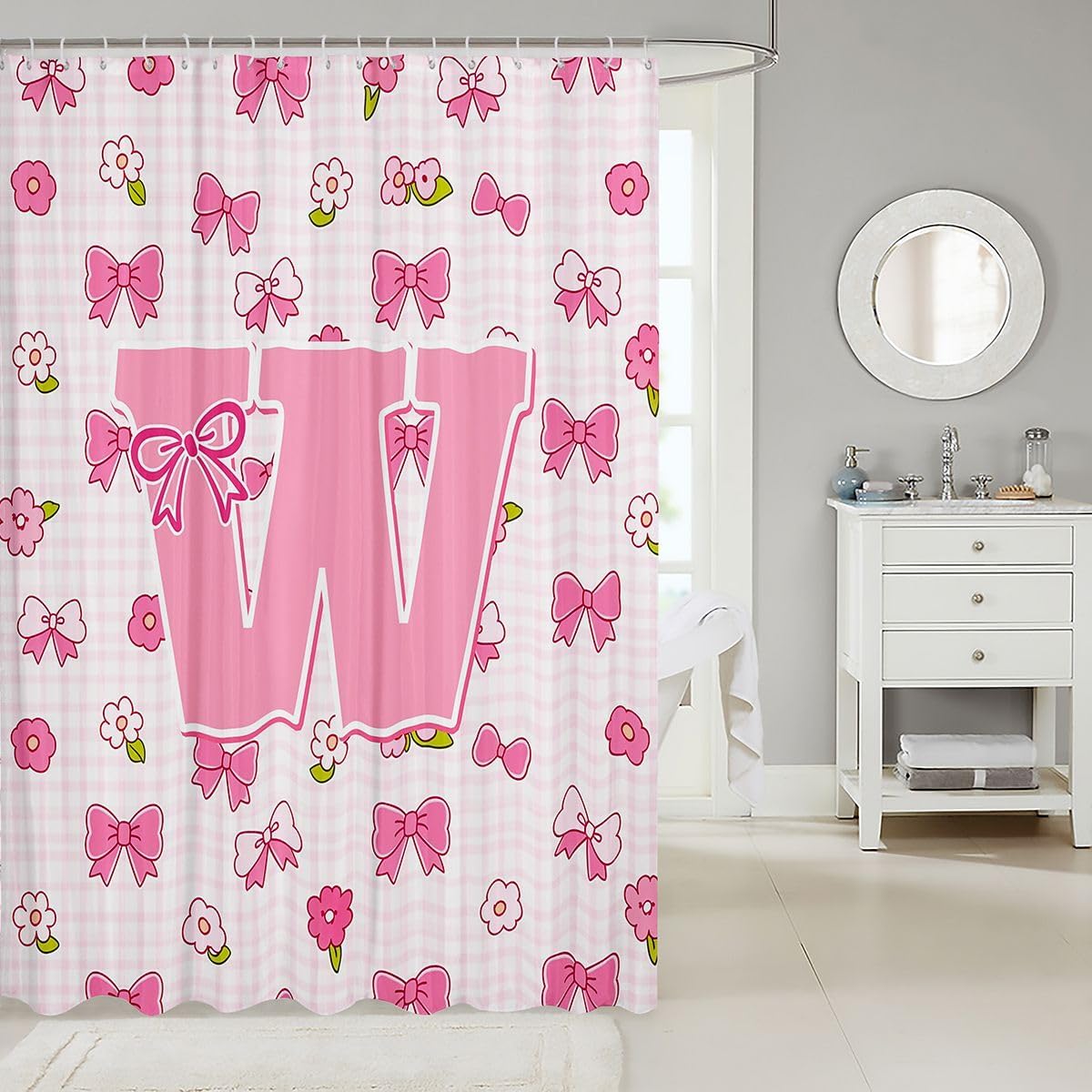 jejeloiu Pink Cute Bow Shower Curtain Cute Flower Bath Curtain Personalized Letter W Bathroom Waterproof Accessories with 12 Hooks Pink Square Lattice Waterproof Polyester,72x72 Inches image 2