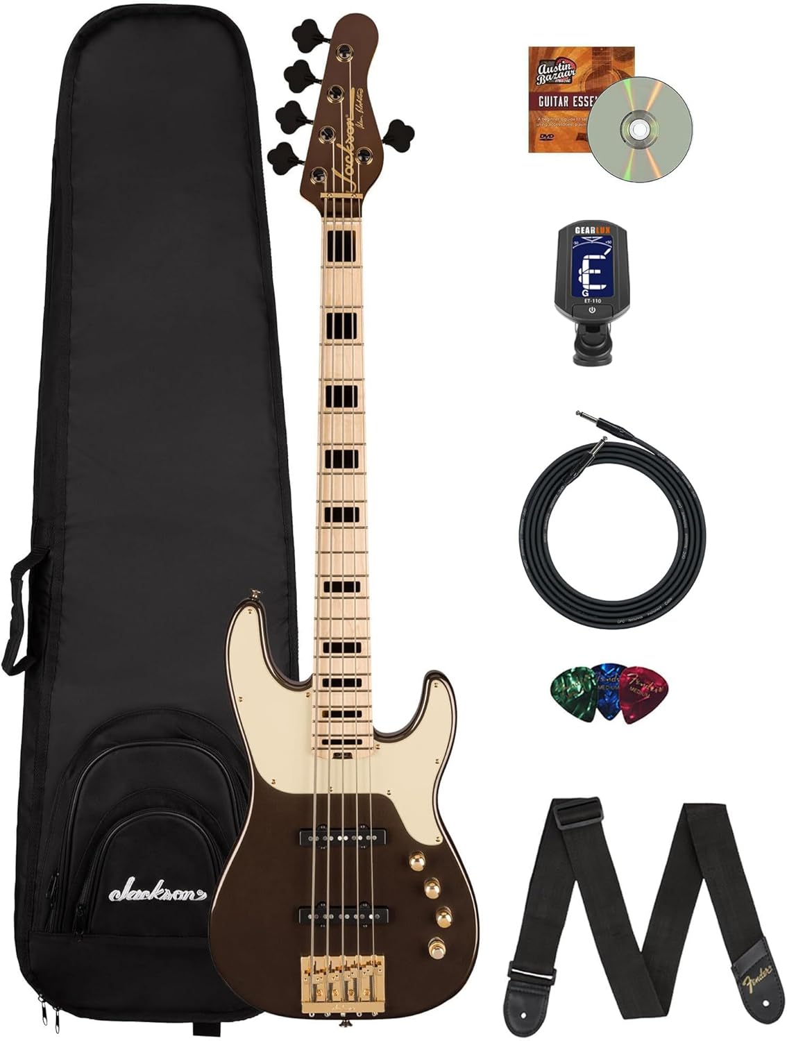 Jackson Pro Series Signature Adam Blackstone "Gladys" Concert 5-String Bass Guitar - Black Stone Bundle with Gig Bag, Instrument Cable, Tuner, Strap, Picks, and Austin Bazaar Instructional DVD