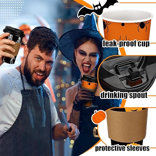 Miniatura 3 de 90 unidades30 juegos de tazas de café desechables de Halloween con tapas y fundas de 16 onzas de calabaza, araña, esqueleto, tazas de papel para