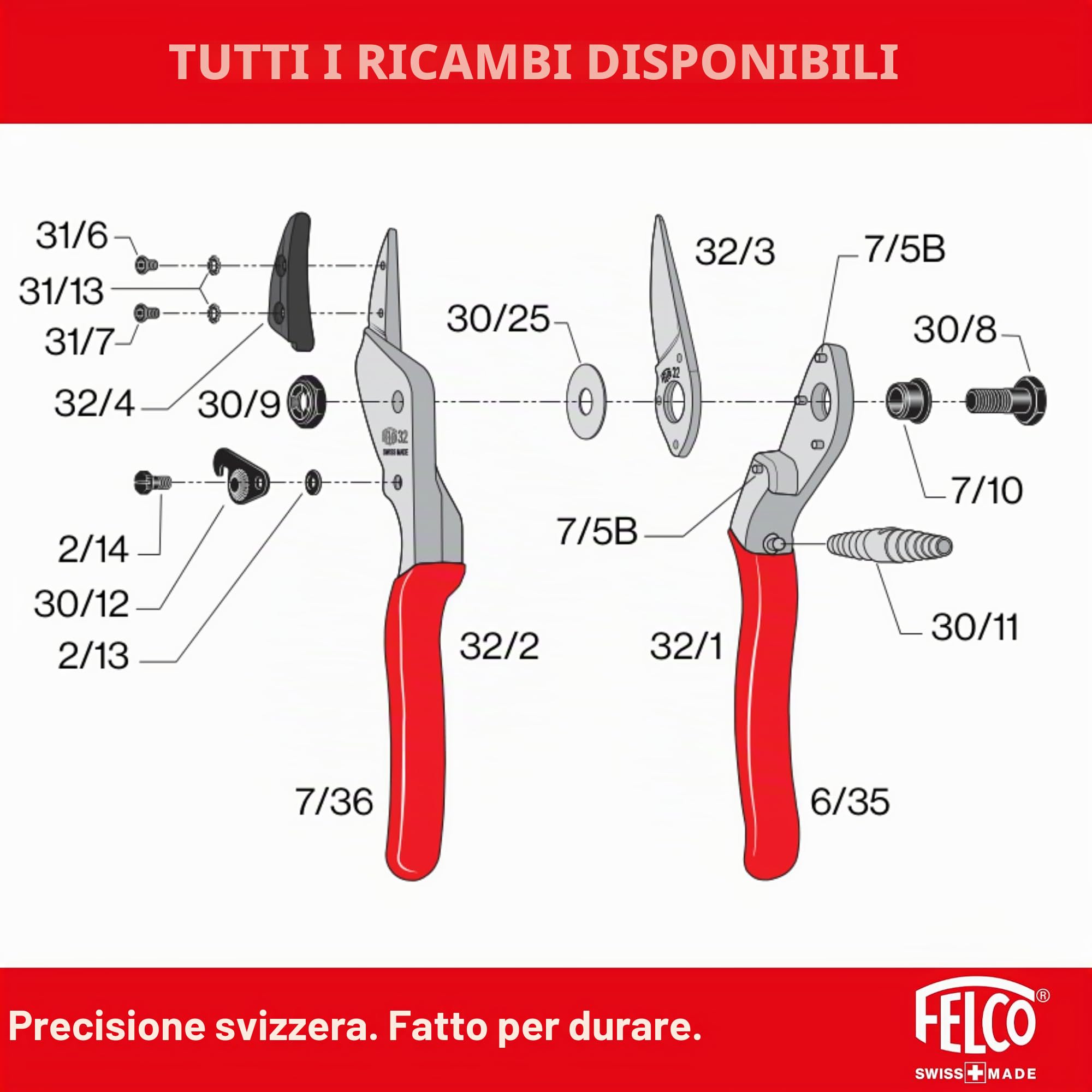 FELCO 32 Cesoia a Incudine, Mano Destra e Sinistra, Mano Grande, Capacità di Taglio 25mm, Lama a Incudine in Ottone Curva, Manici in Alluminio Forgiato, Made in Switzerland, Garanzia a Vita