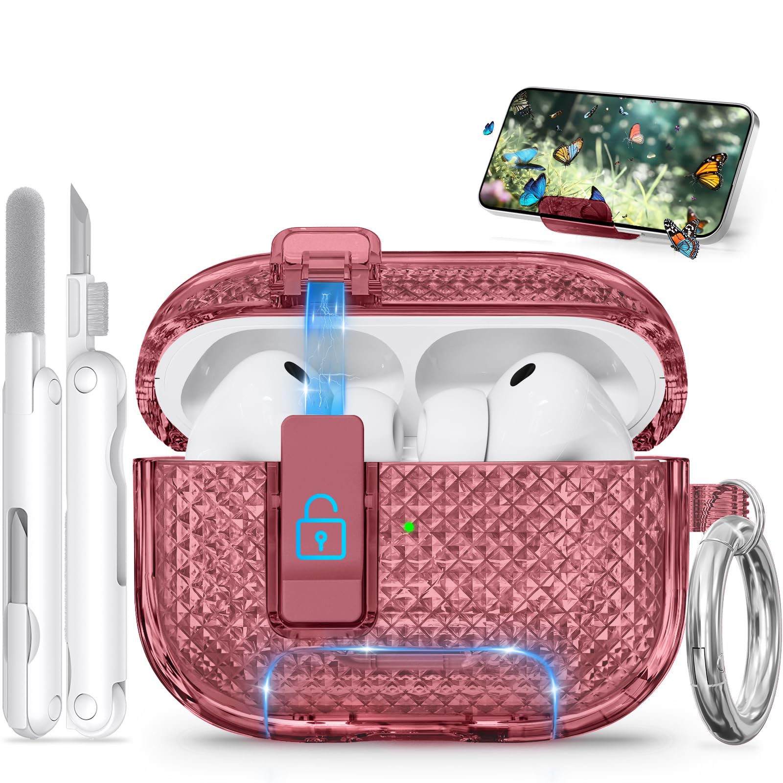 for AirPods Pro 3 Case with Phone Stand &amp; Secure Lock, Auto-Open Clear Case Cover Compatible with Apple AirPods Pro 3rd Generation with Cleaning Kit &amp; Keychain