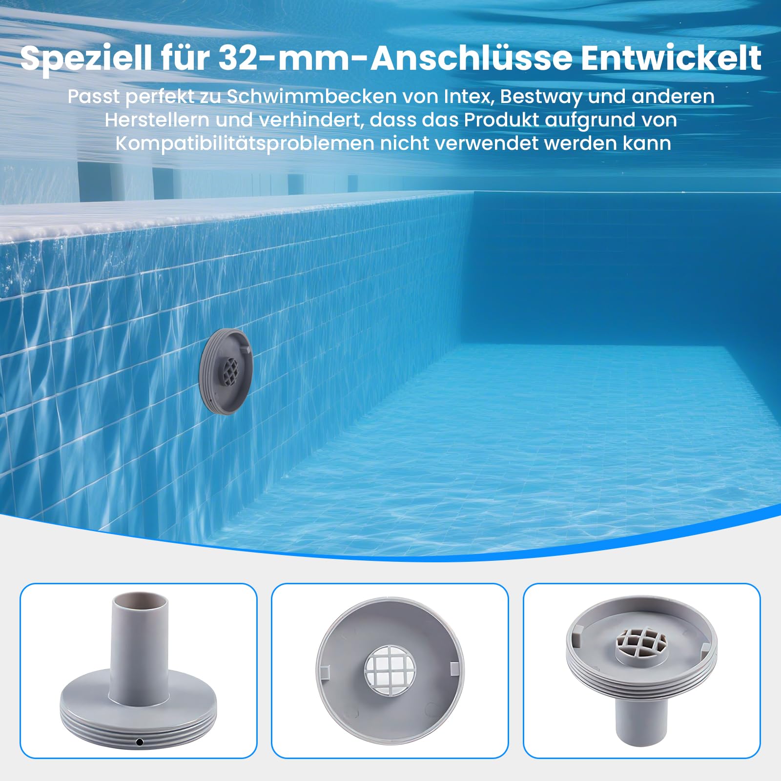 GEEKHOM Boquilla de entrada para piscina giratoria 360°, diámetro de 32 mm, para Intex Bestway, boquilla de salida para piscina de pared de acero, accesorios para piscina